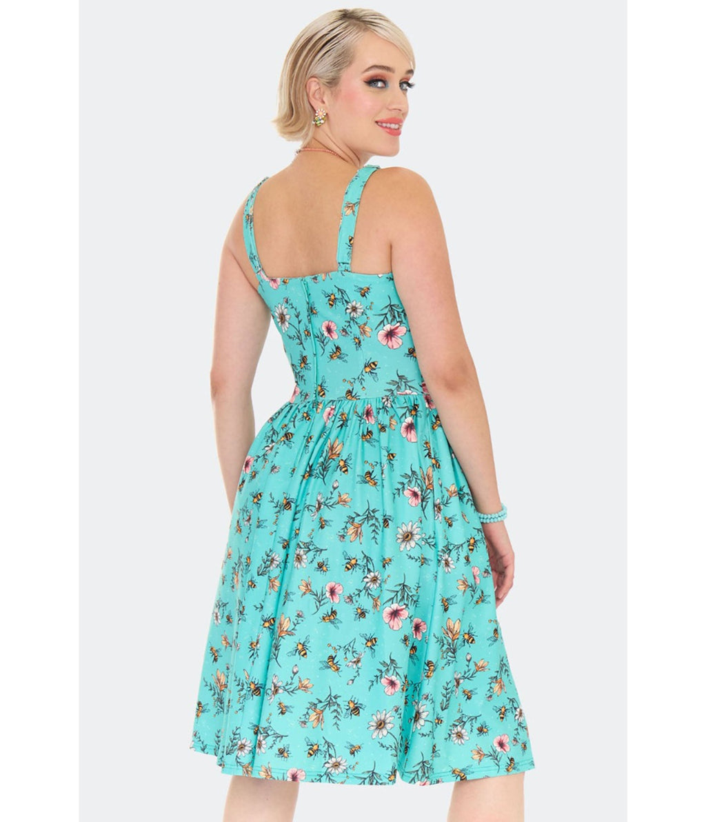 Voodoo Vixen Teal Floral & Bee Print Flare Dress - Unique Vintage - Womens, DRESSES, FIT AND FLARE