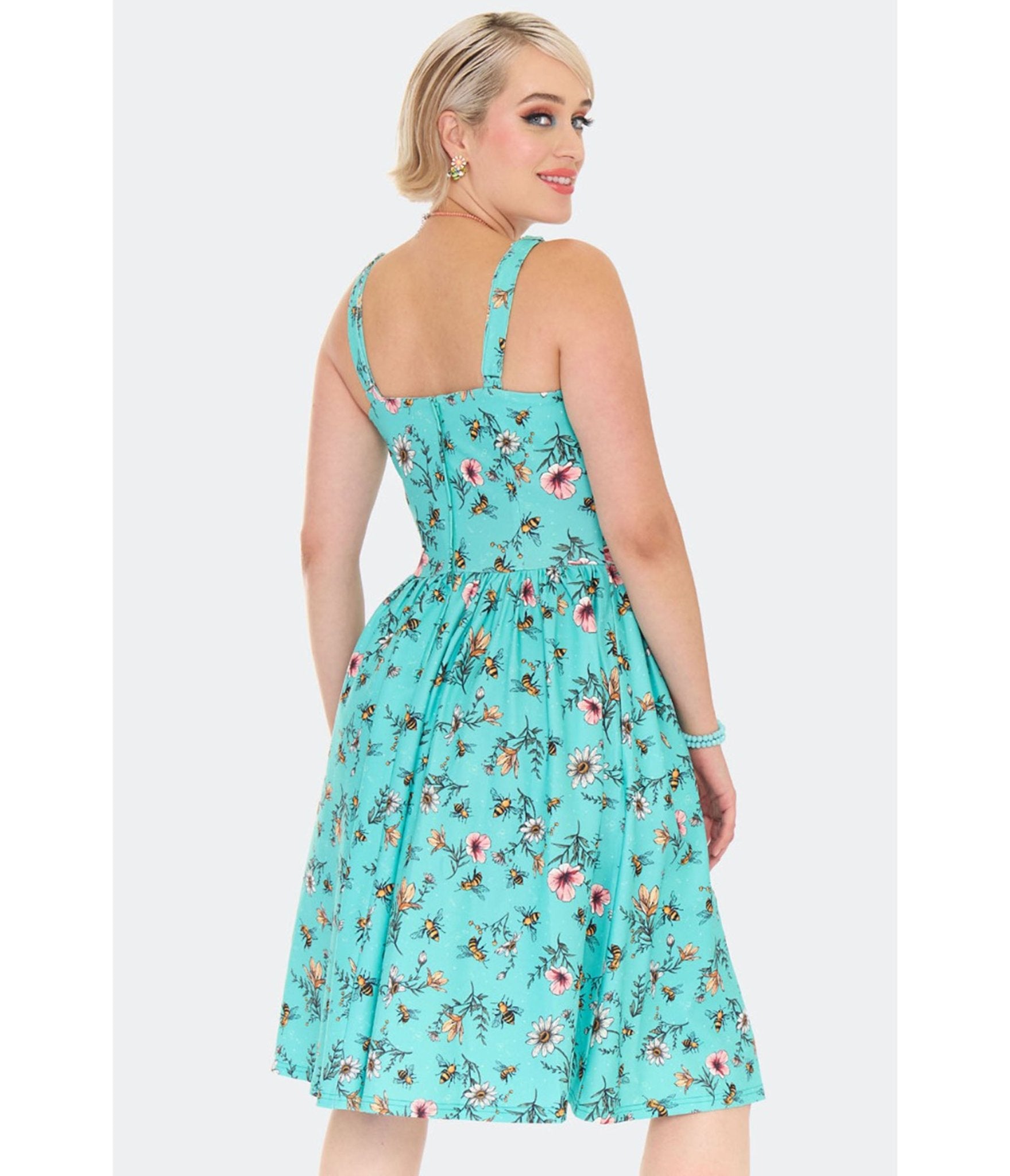 Voodoo Vixen Teal Floral & Bee Print Flare Dress - Unique Vintage - Womens, DRESSES, FIT AND FLARE