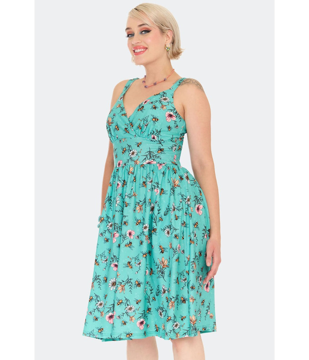 Voodoo Vixen Teal Floral & Bee Print Flare Dress - Unique Vintage - Womens, DRESSES, FIT AND FLARE
