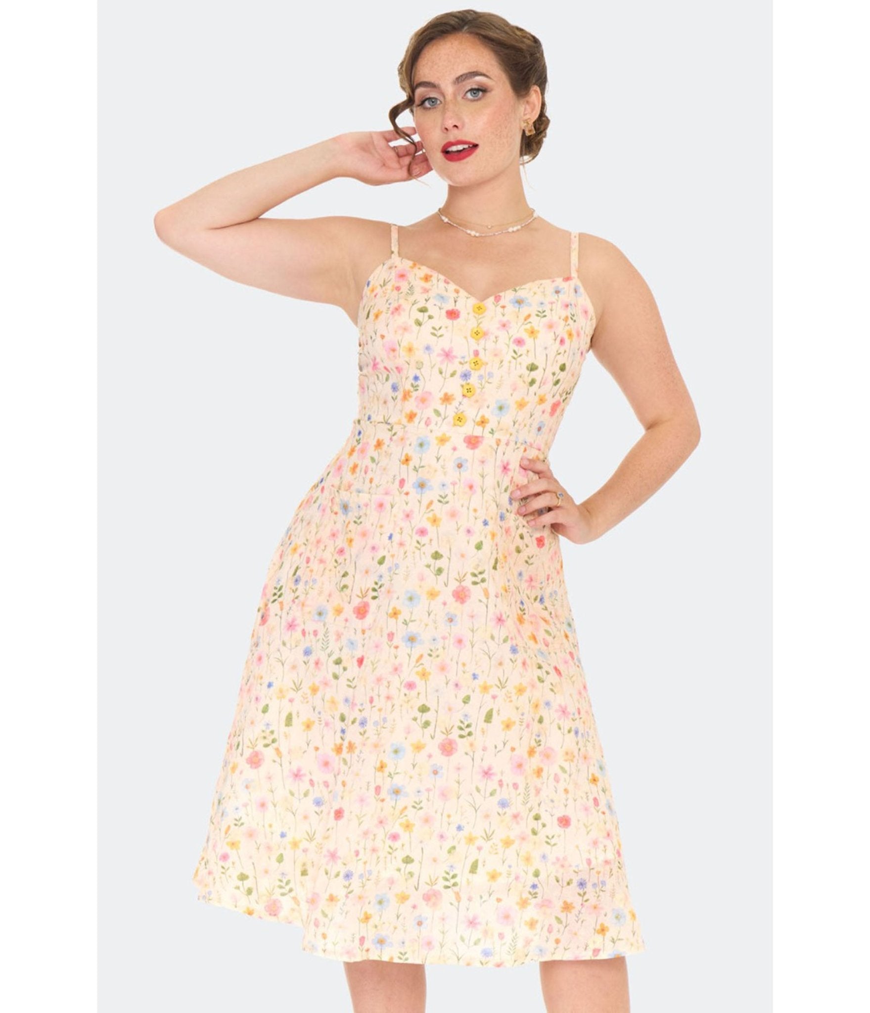 Voodoo Vixen Yellow Flower Print Flare Dress - Unique Vintage - Womens, DRESSES, FIT AND FLARE