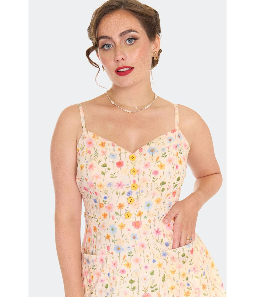 Voodoo Vixen Yellow Flower Print Flare Dress - Unique Vintage - Womens, DRESSES, FIT AND FLARE