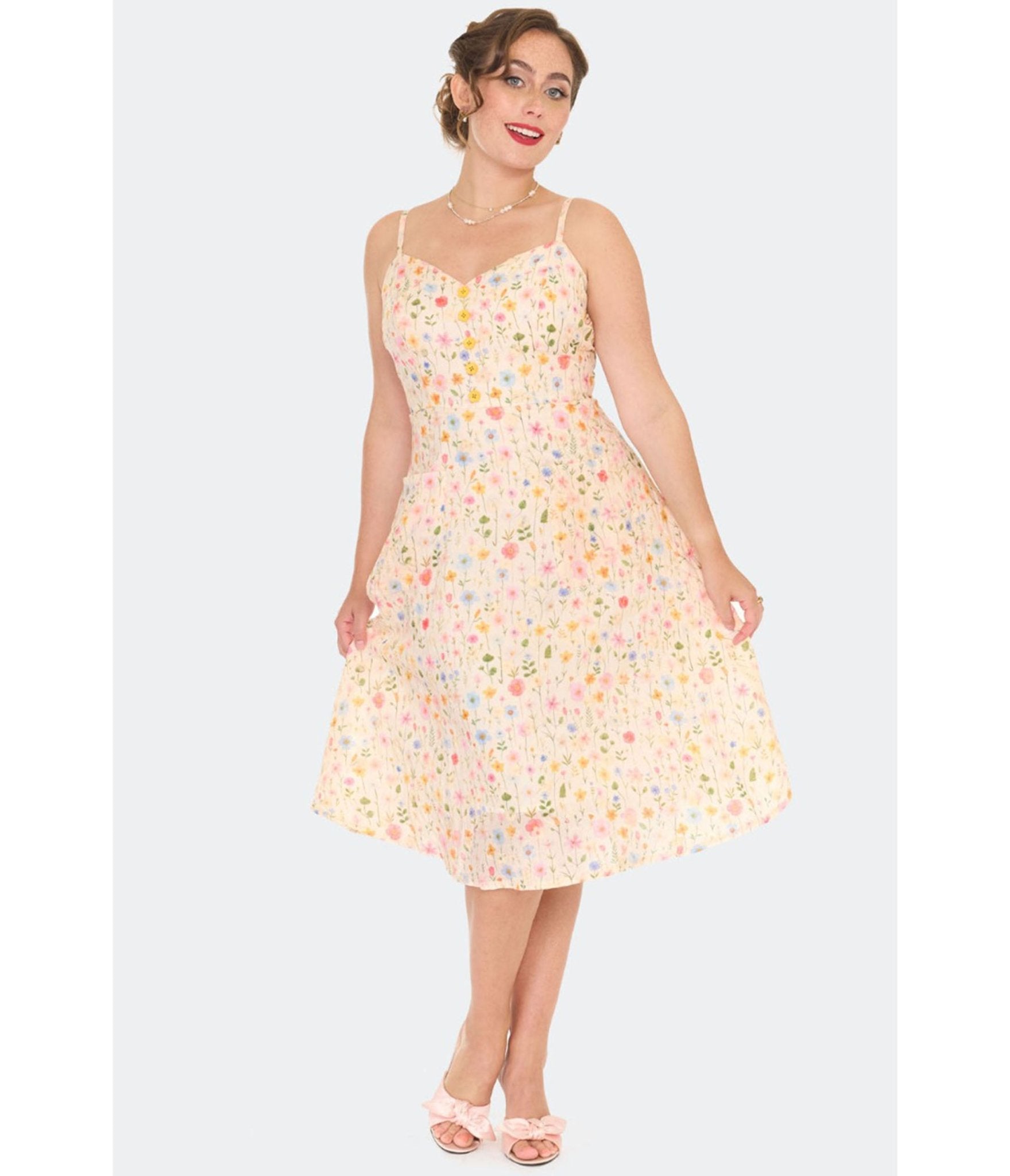 Voodoo Vixen Yellow Flower Print Flare Dress - Unique Vintage - Womens, DRESSES, FIT AND FLARE