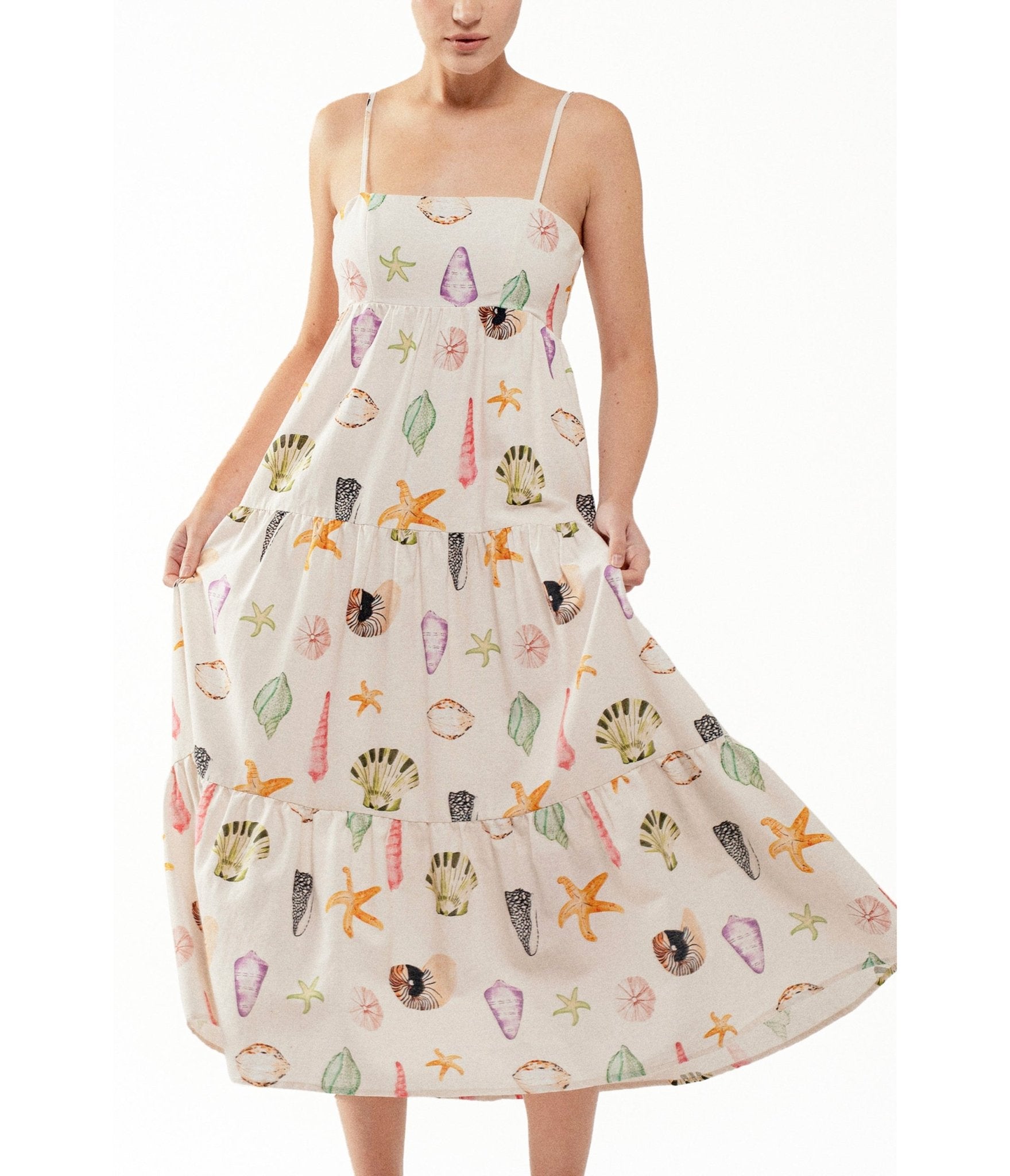 Watercolor Seashell & Starfish Tiered Beach Dress - Unique Vintage - Womens, DRESSES, FIT AND FLARE