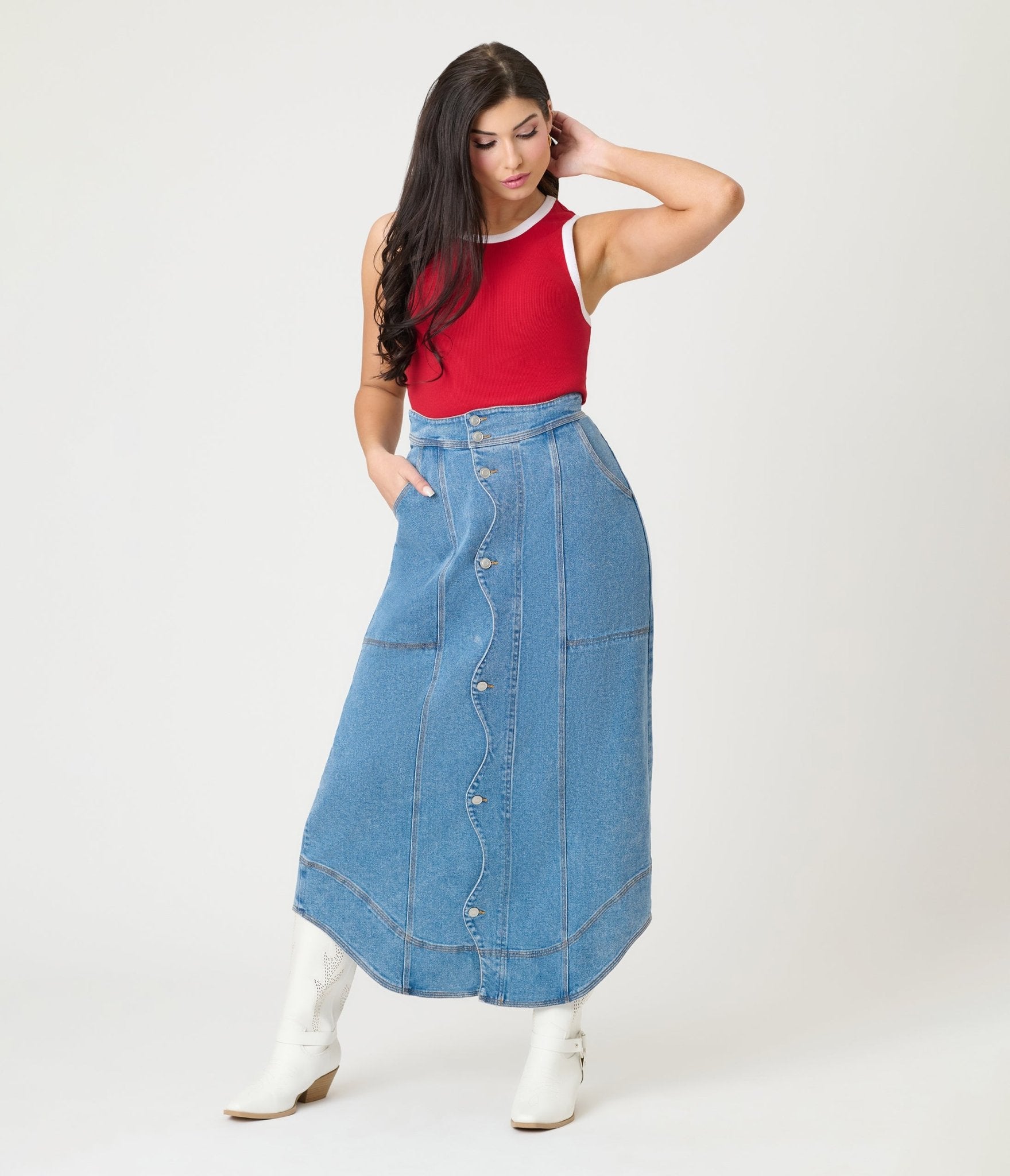 Wavy Placket Denim Maxi Skirt - Unique Vintage - Womens, BOTTOMS, SKIRTS