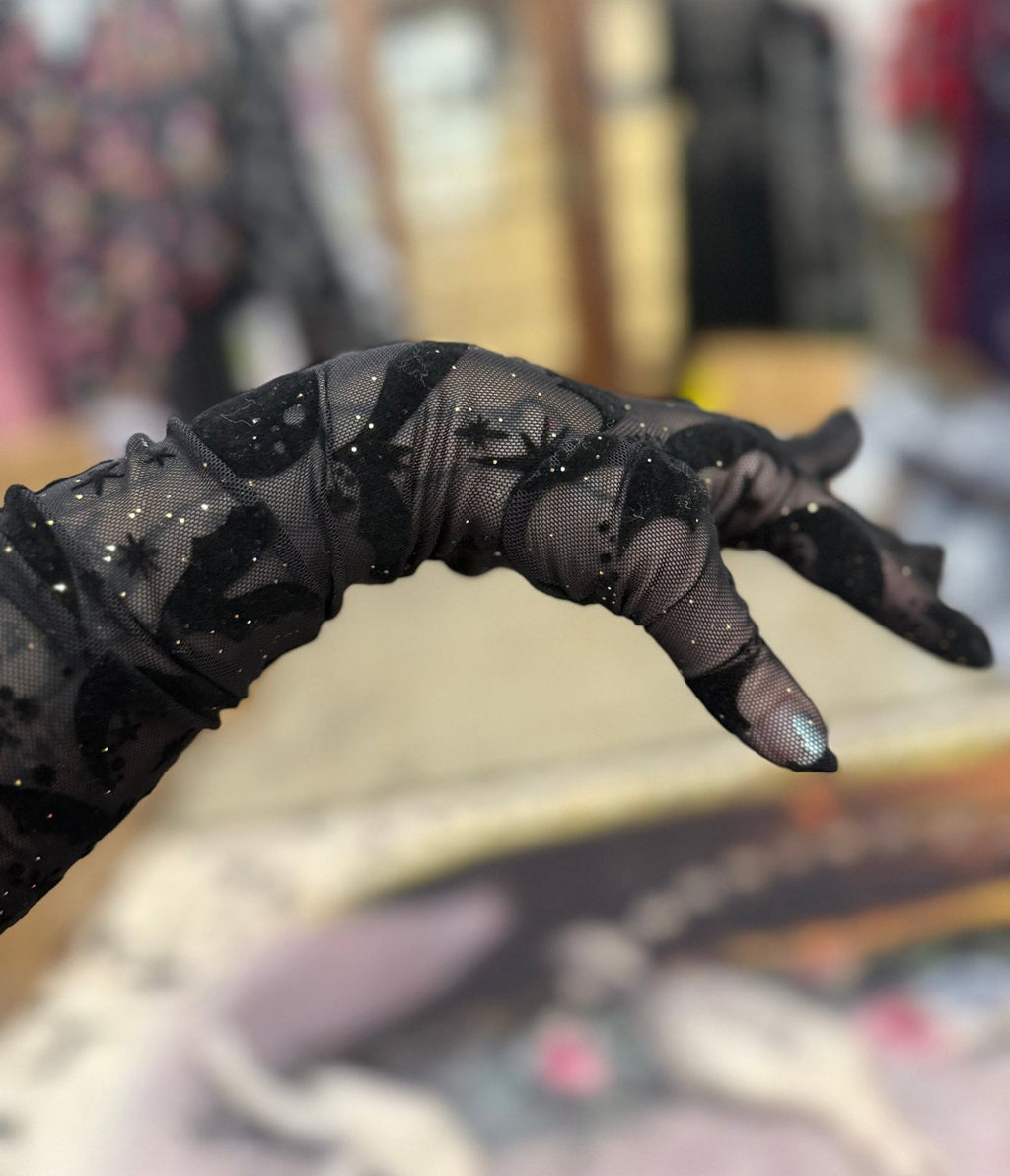 Wax Poetic Black Bat Flocked Mesh Gloves - Unique Vintage - Womens, ACCESSORIES, GLOVES/SCARVES