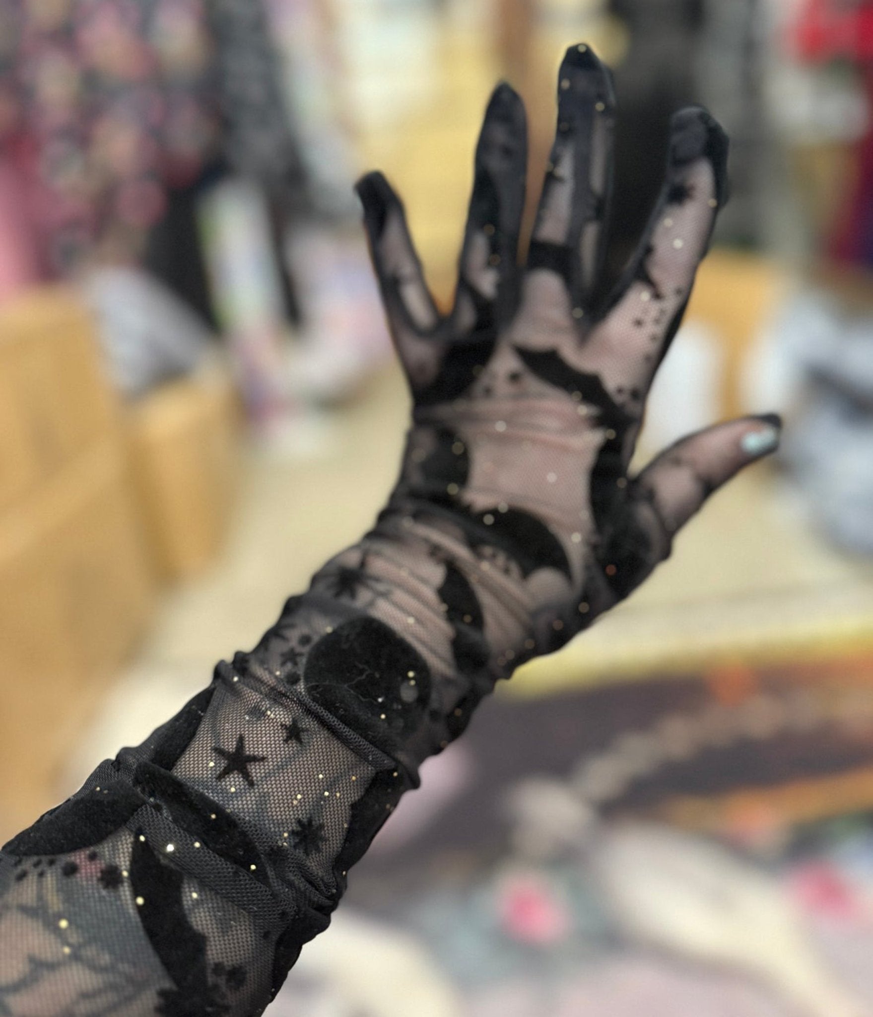 Wax Poetic Black Bat Flocked Mesh Gloves - Unique Vintage - Womens, ACCESSORIES, GLOVES/SCARVES