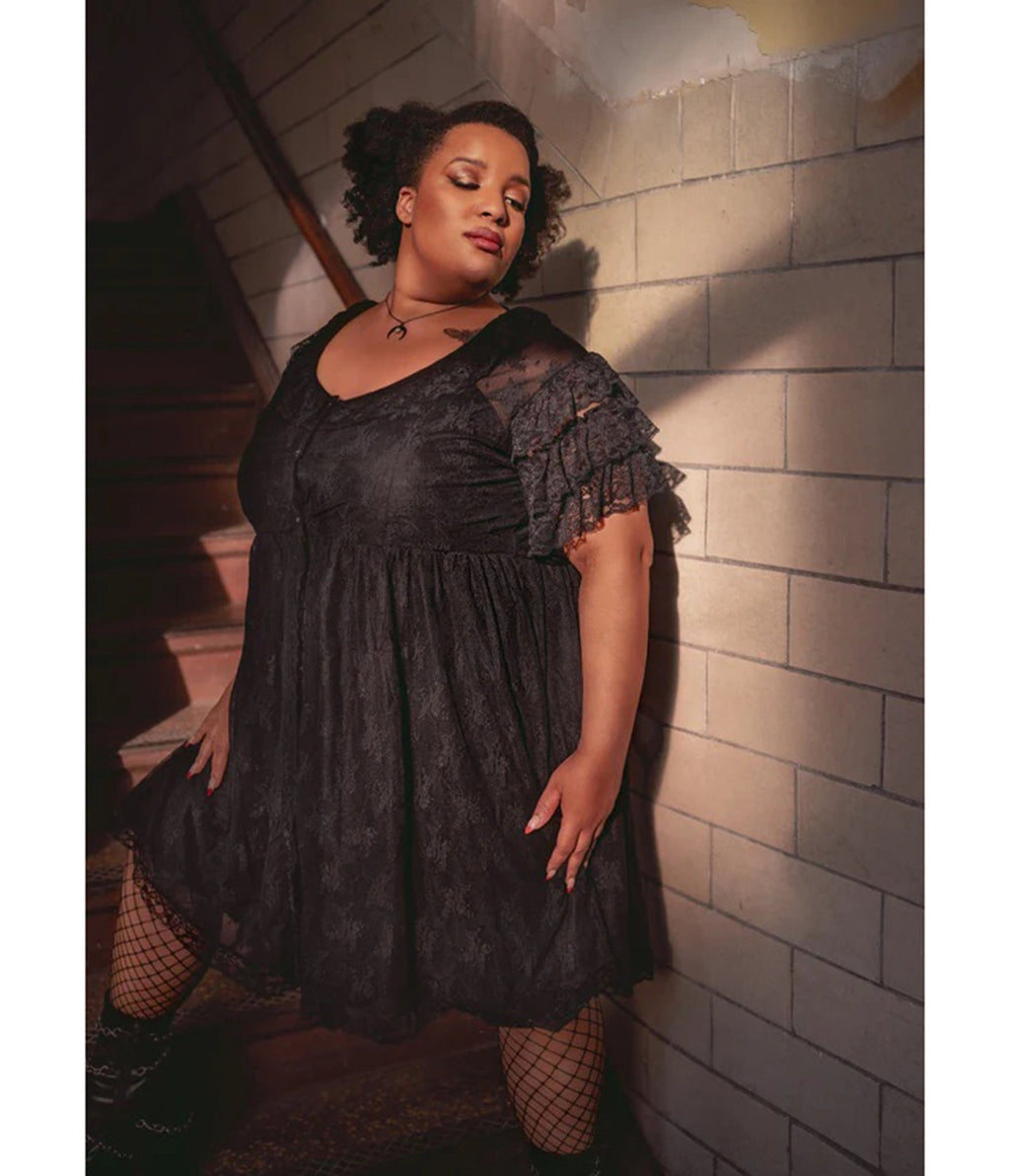 Wax Poetic Black Lace Mourning Glory Babydoll Dress & Shorts Set - Unique Vintage - Womens, BOTTOMS, ROMPERS AND JUMPSUITS