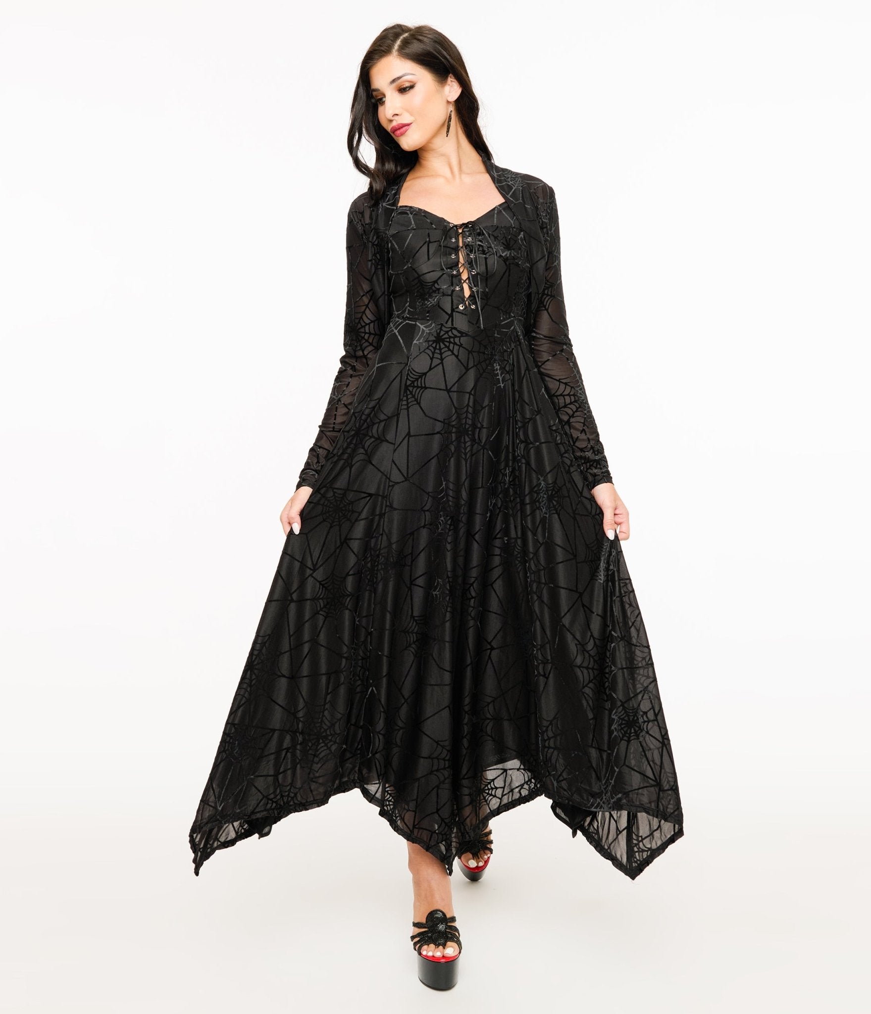 Wax Poetic Black Spiderweb Willow Maxi Dress & Bolero Set - Unique Vintage - Womens, DRESSES, MAXI
