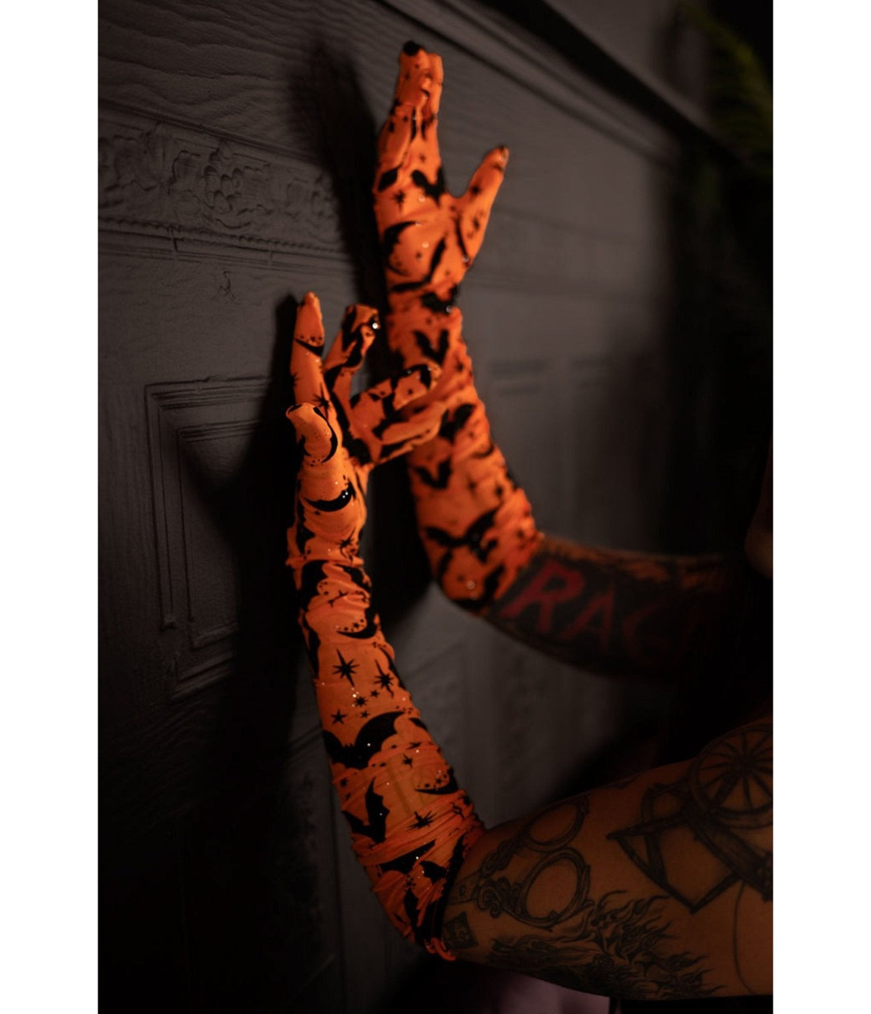 Wax Poetic Orange & Black Bat Flocked Mesh Gloves - Unique Vintage - Womens, ACCESSORIES, GLOVES/SCARVES