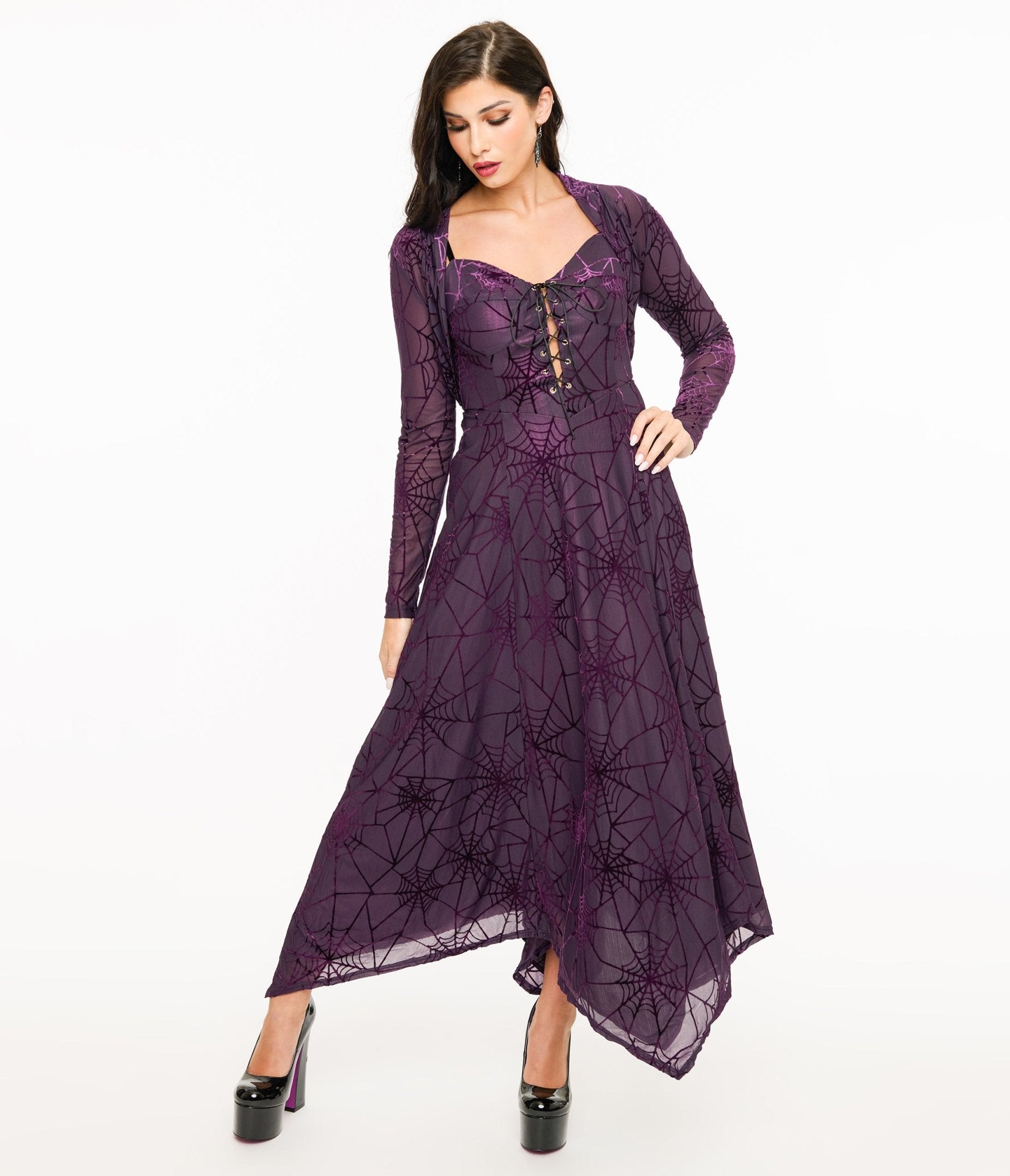 Wax Poetic Purple & Black Spiderweb Willow Maxi Dress & Bolero Set - Unique Vintage - Womens, DRESSES, MAXI