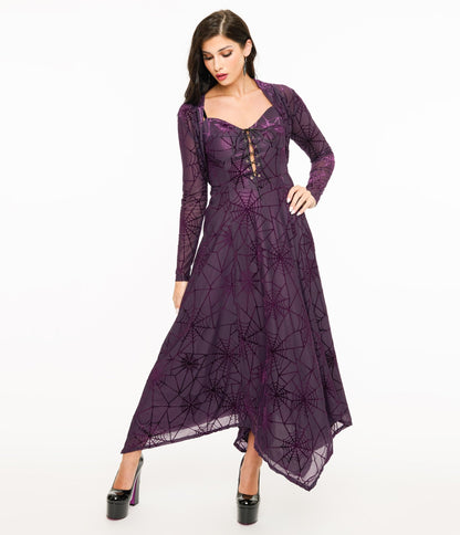 Wax Poetic Purple & Black Spiderweb Willow Maxi Dress & Bolero Set - Unique Vintage - Womens, DRESSES, MAXI