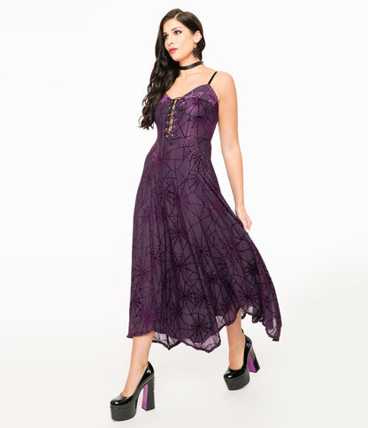 Wax Poetic Purple & Black Spiderweb Willow Maxi Dress & Bolero Set - Unique Vintage - Womens, DRESSES, MAXI