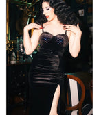 Weasel Wear Black Velvet Hot Blooded Rhinestone Wiggle Dress - Unique Vintage - Womens, DRESSES, WIGGLE