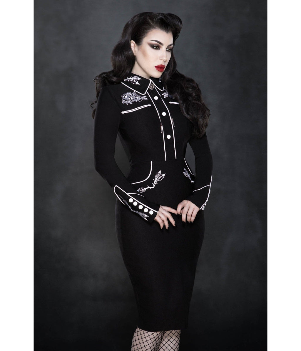 Western Black & White Roses June Pencil Dress - Unique Vintage - Womens, DRESSES, MIDI