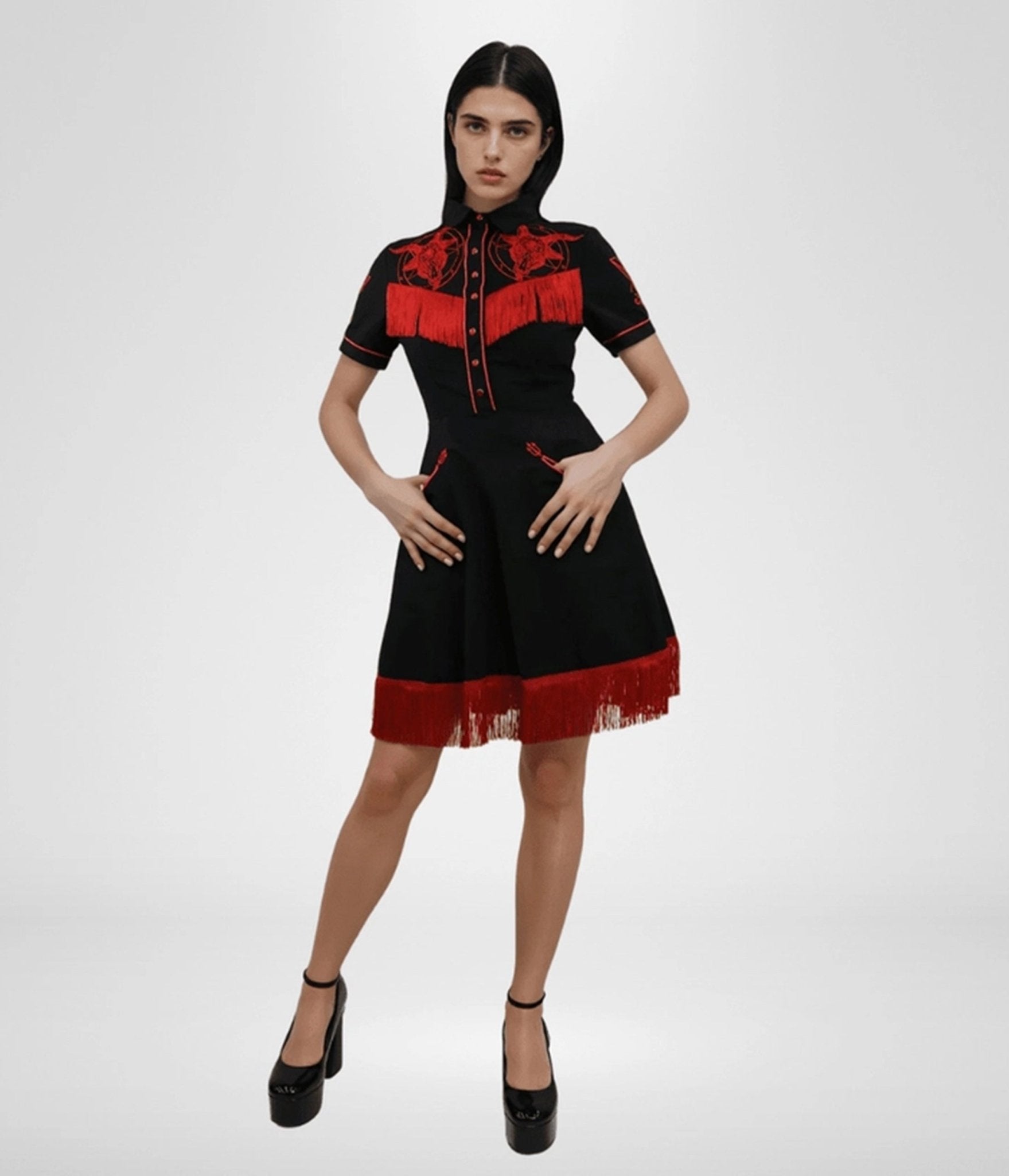 Western Evil Black & Red Baphomet Fringe Western Flare Dress - Unique Vintage - Womens, DRESSES, FIT AND FLARE
