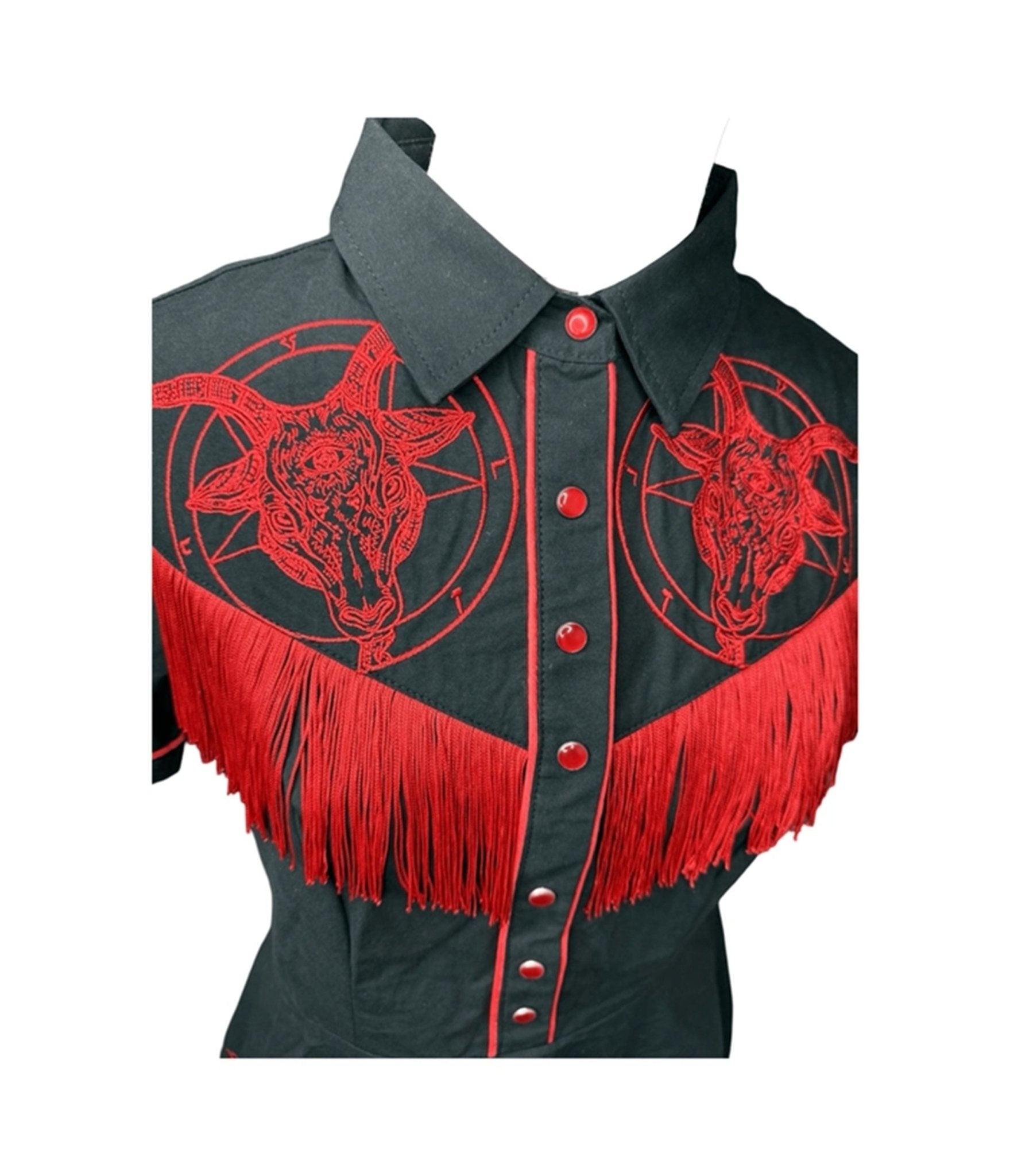 Western Evil Black & Red Baphomet Fringe Western Flare Dress - Unique Vintage - Womens, DRESSES, FIT AND FLARE