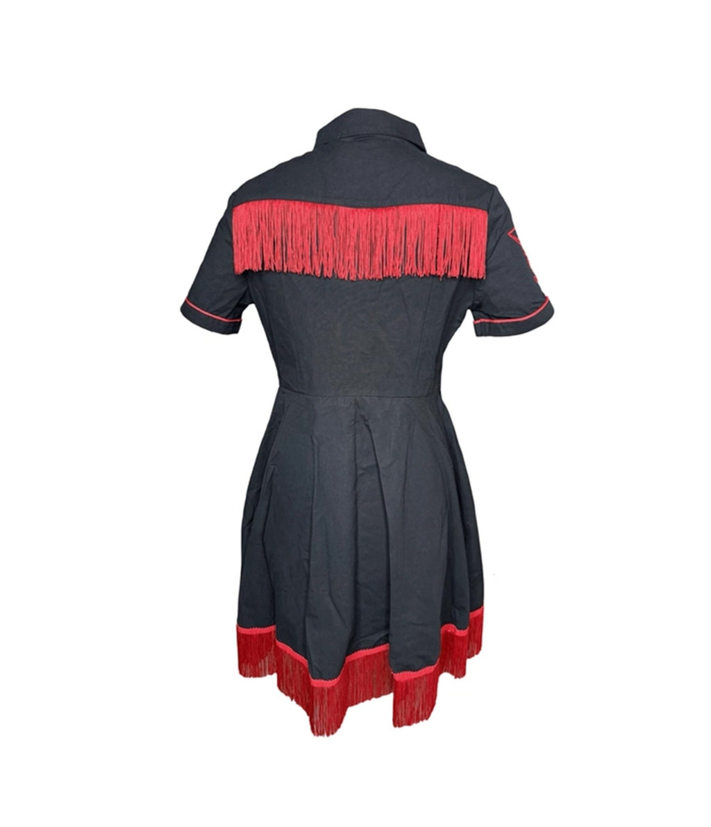 Western Evil Black & Red Baphomet Fringe Western Flare Dress - Unique Vintage - Womens, DRESSES, FIT AND FLARE