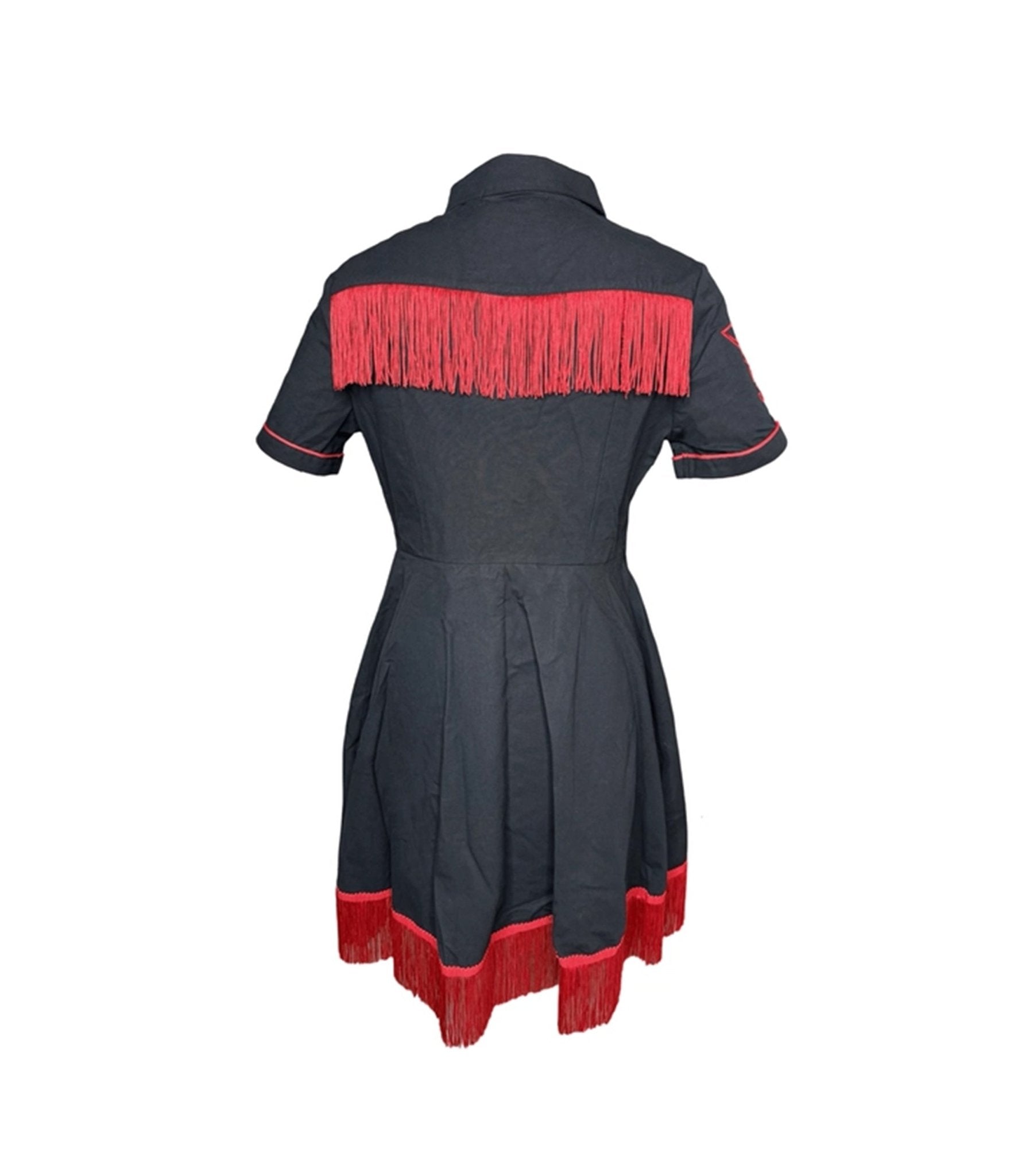 Western Evil Black & Red Baphomet Fringe Western Flare Dress - Unique Vintage - Womens, DRESSES, FIT AND FLARE