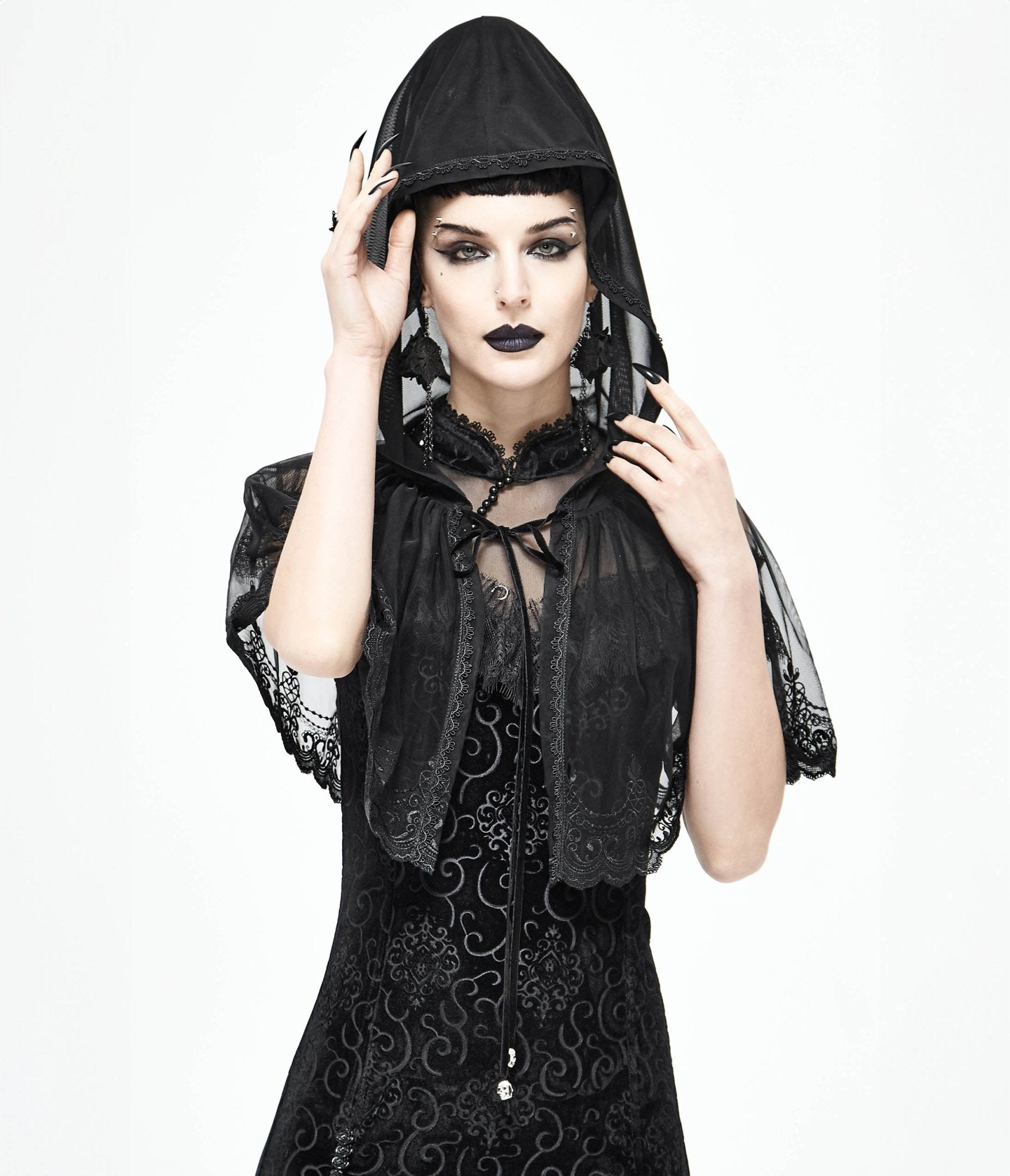 Western Fashion Black Lace Hooded Cape - Unique Vintage - Womens, TOPS, OUTERWEAR