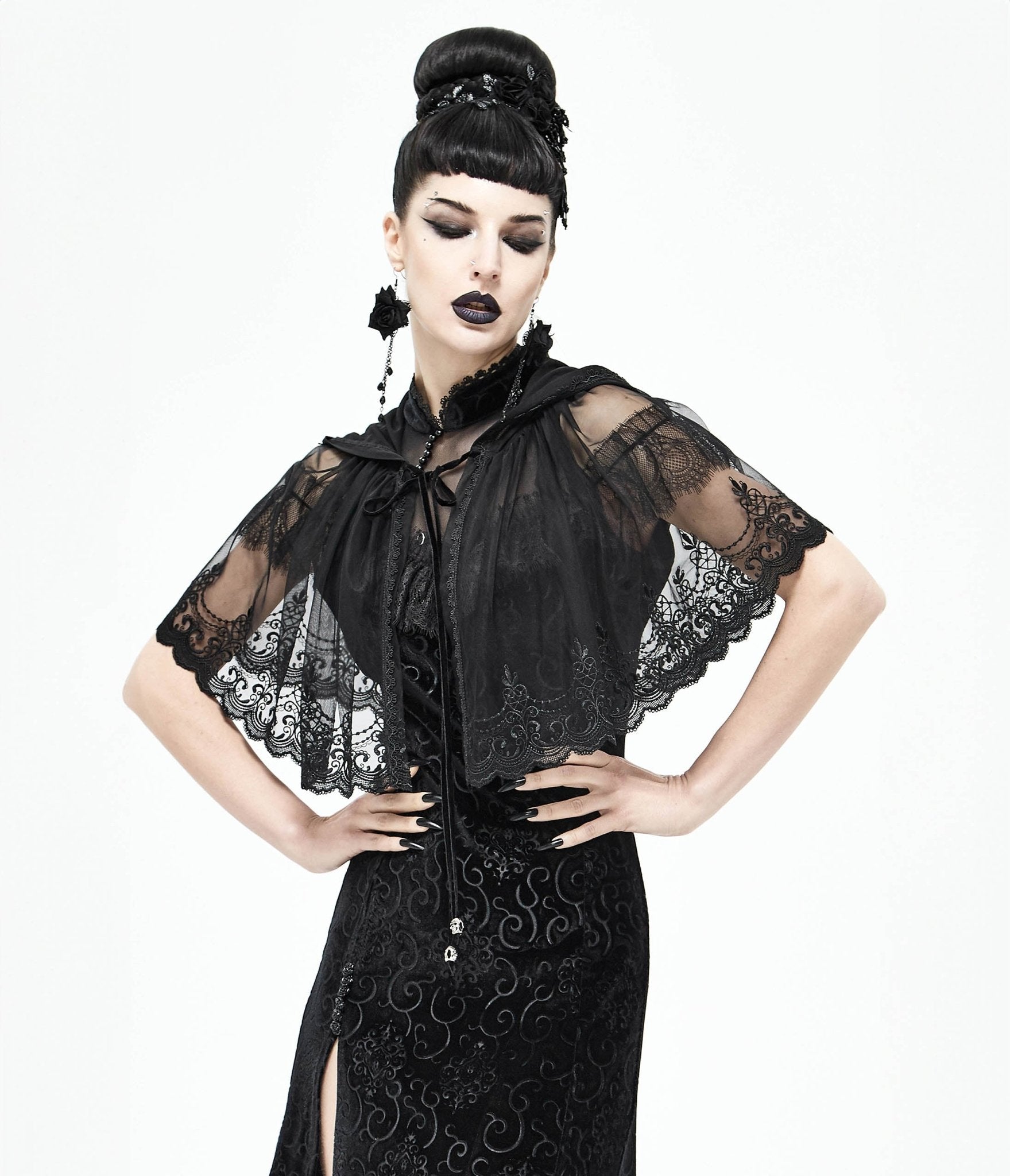 Western Fashion Black Lace Hooded Cape - Unique Vintage - Womens, TOPS, OUTERWEAR