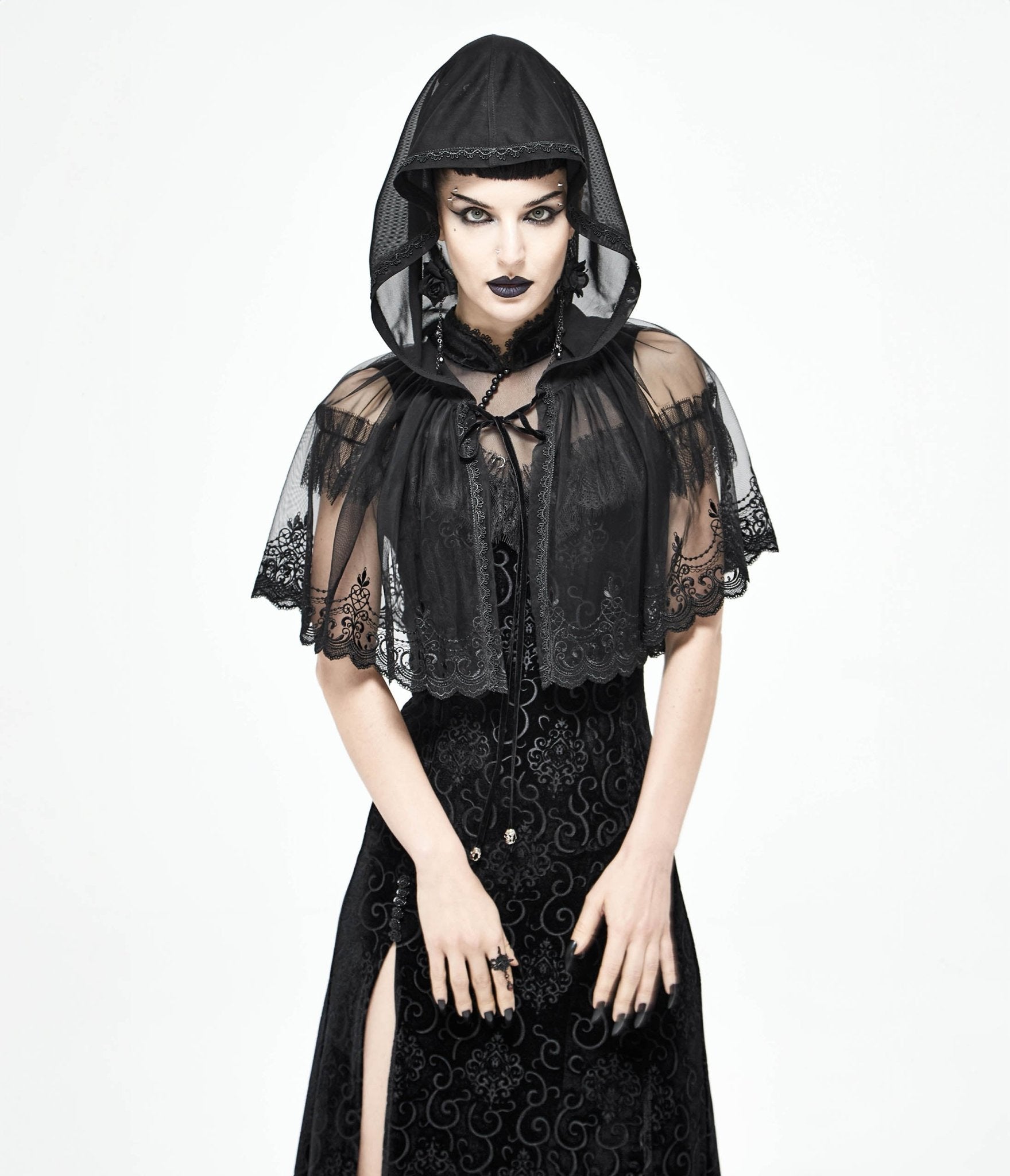 Western Fashion Black Lace Hooded Cape - Unique Vintage - Womens, TOPS, OUTERWEAR