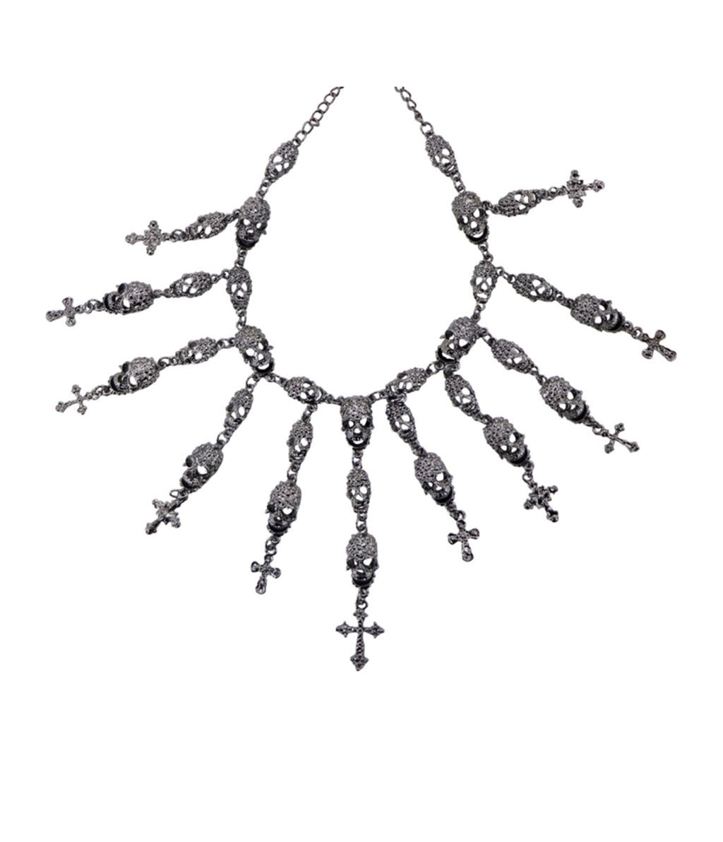 Western Fashion Silver Tone Skull & Cross Necklace - Unique Vintage - Womens, ACCESSORIES, JEWELRY