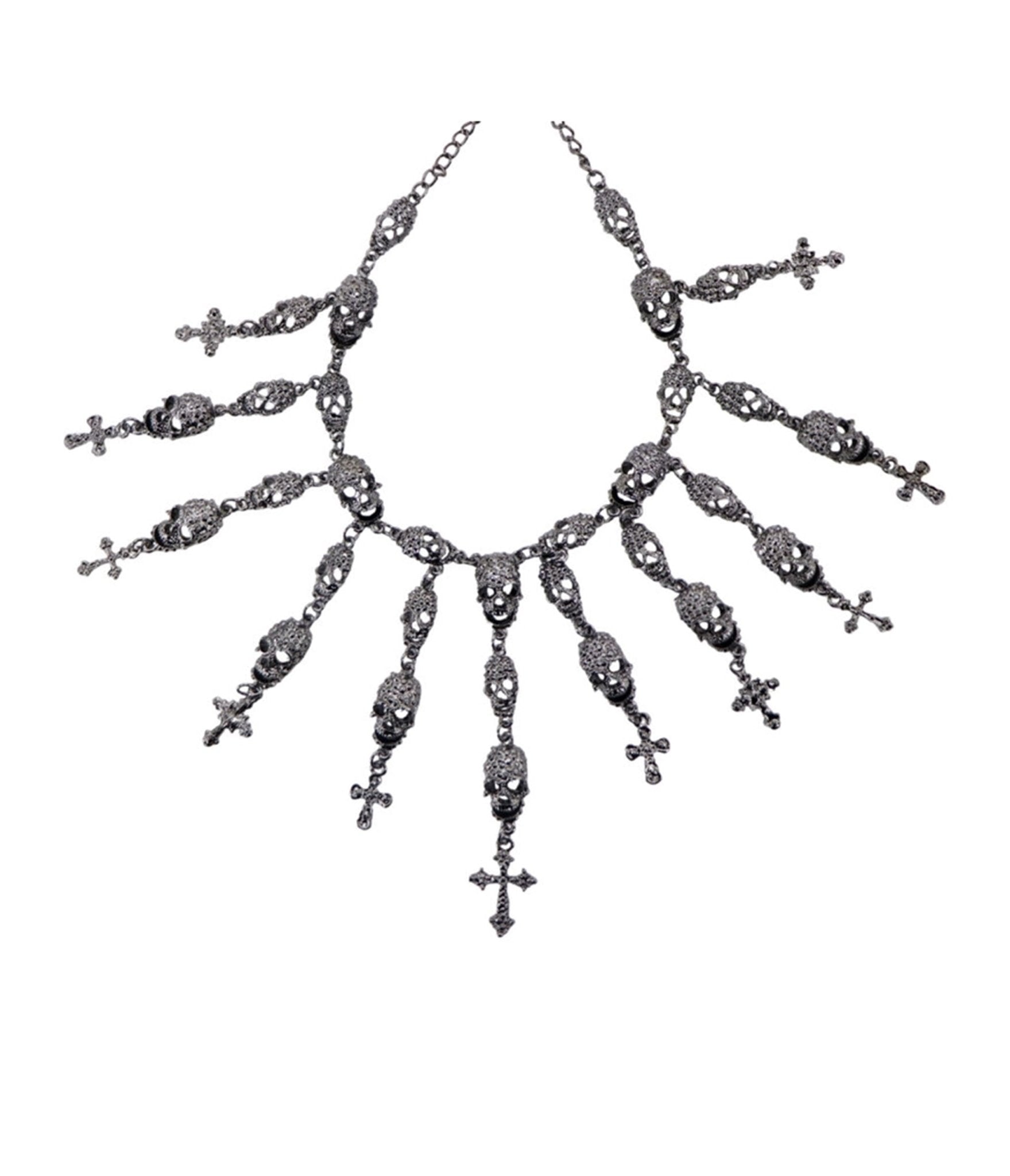 Western Fashion Silver Tone Skull & Cross Necklace - Unique Vintage - Womens, ACCESSORIES, JEWELRY
