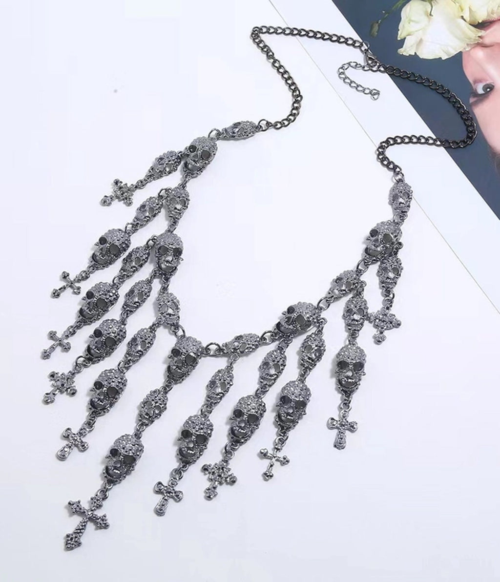 Western Fashion Silver Tone Skull & Cross Necklace - Unique Vintage - Womens, ACCESSORIES, JEWELRY