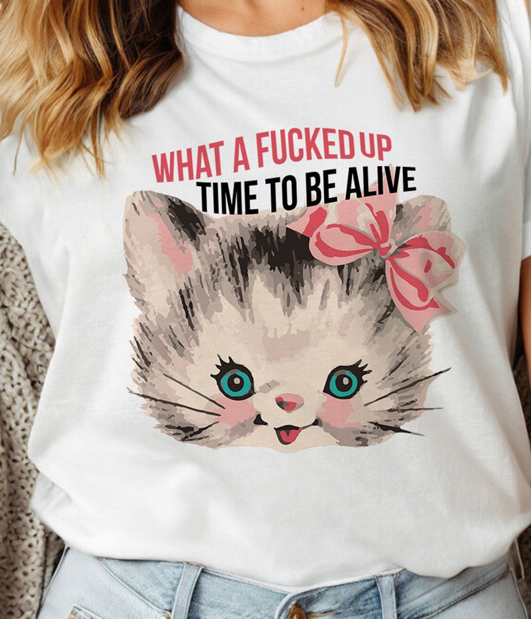 What A Fucked Time To Be Alive Cat Unisex Graphic Tee - Unique Vintage - Womens, TOPS, TEES