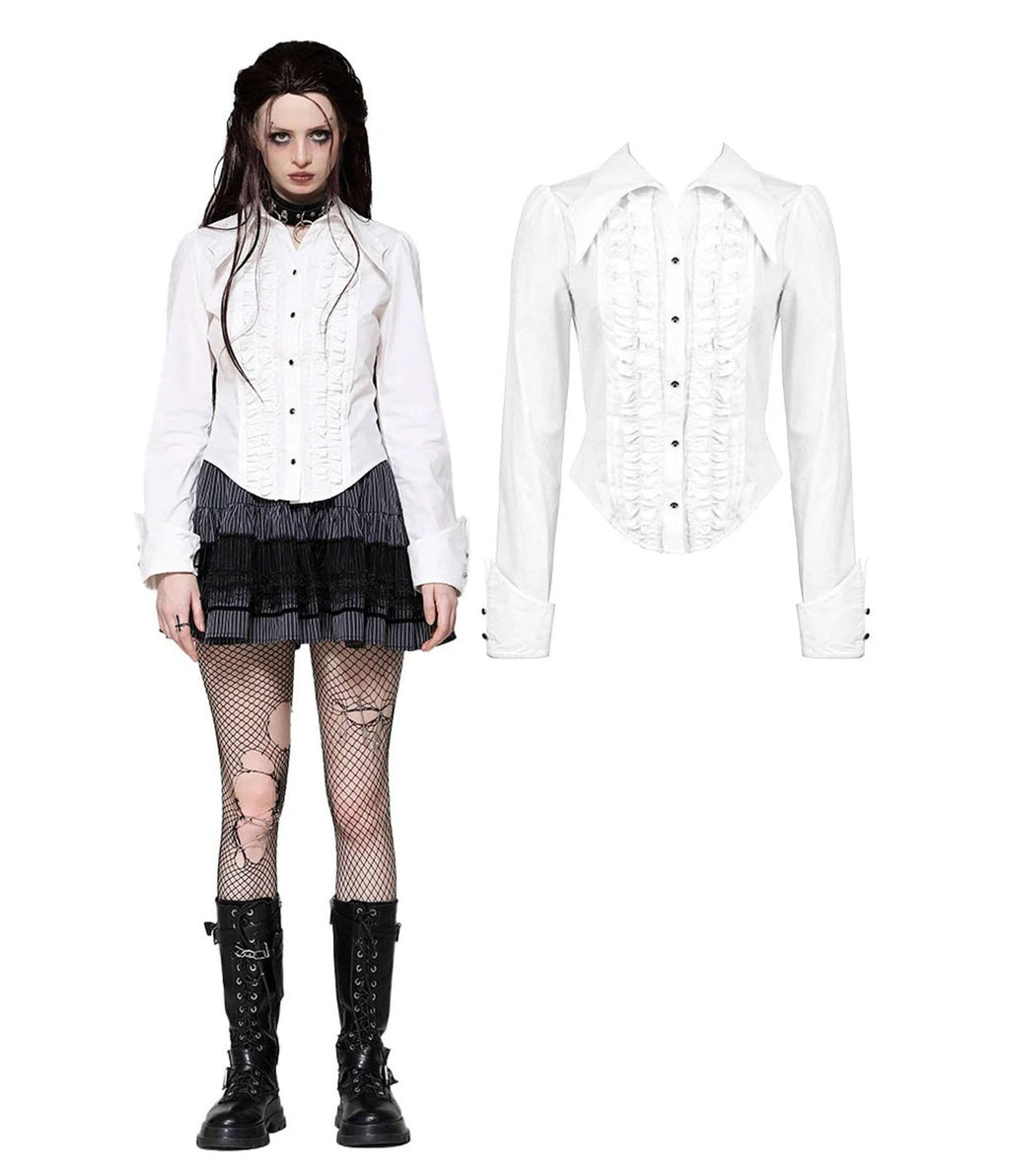 White Bat Collar Ruffled Dress Shirt - Unique Vintage - Blouses