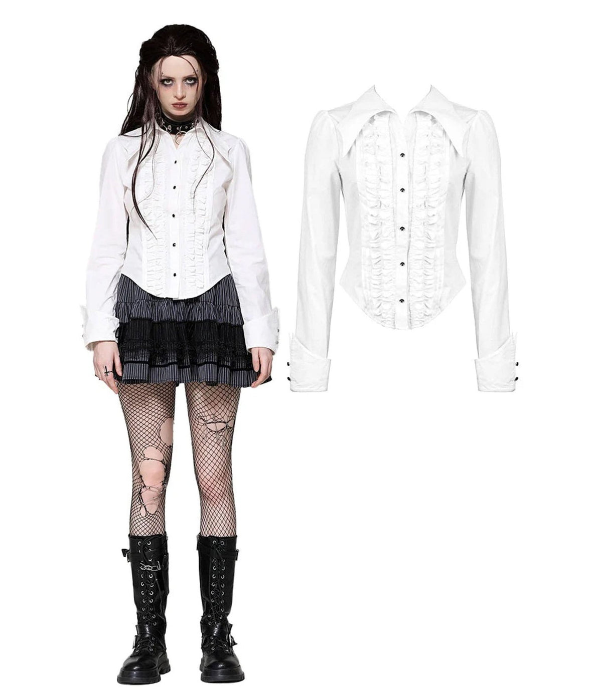 White Bat Collar Ruffled Dress Shirt - Unique Vintage - Blouses