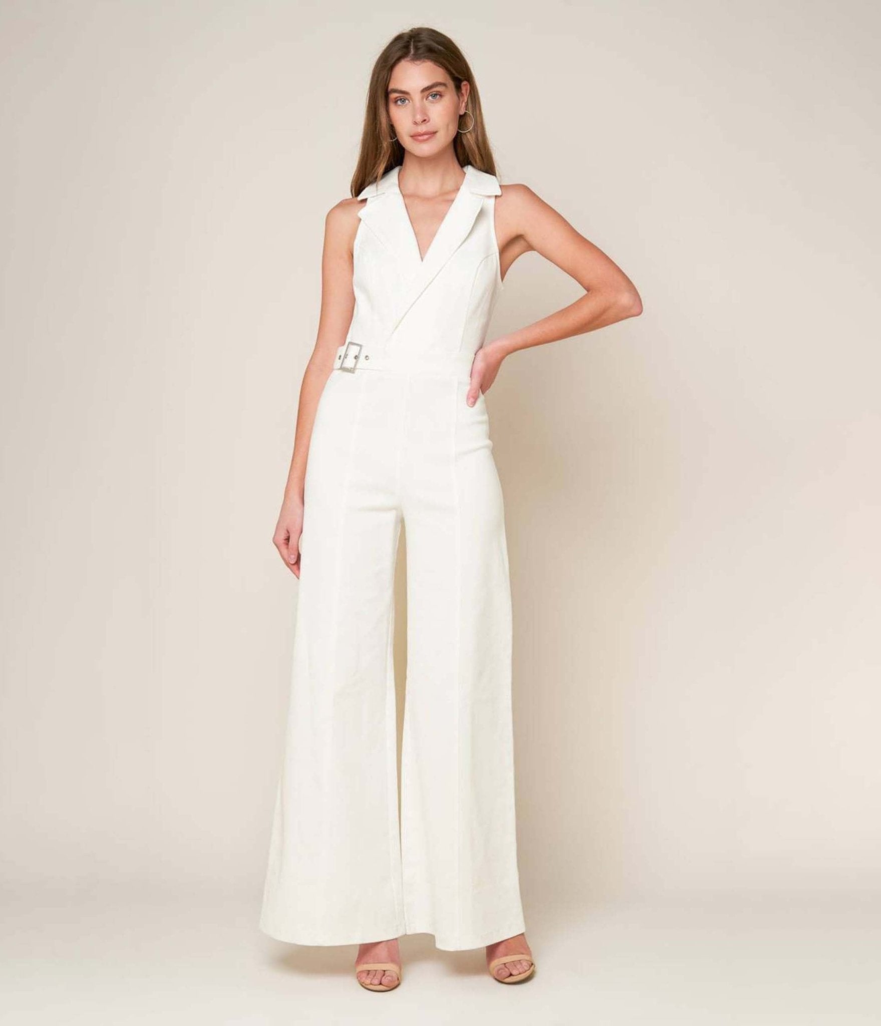 White Belted Shopping Around Jumpsuit - Unique Vintage - Womens, BOTTOMS, ROMPERS AND JUMPSUITS