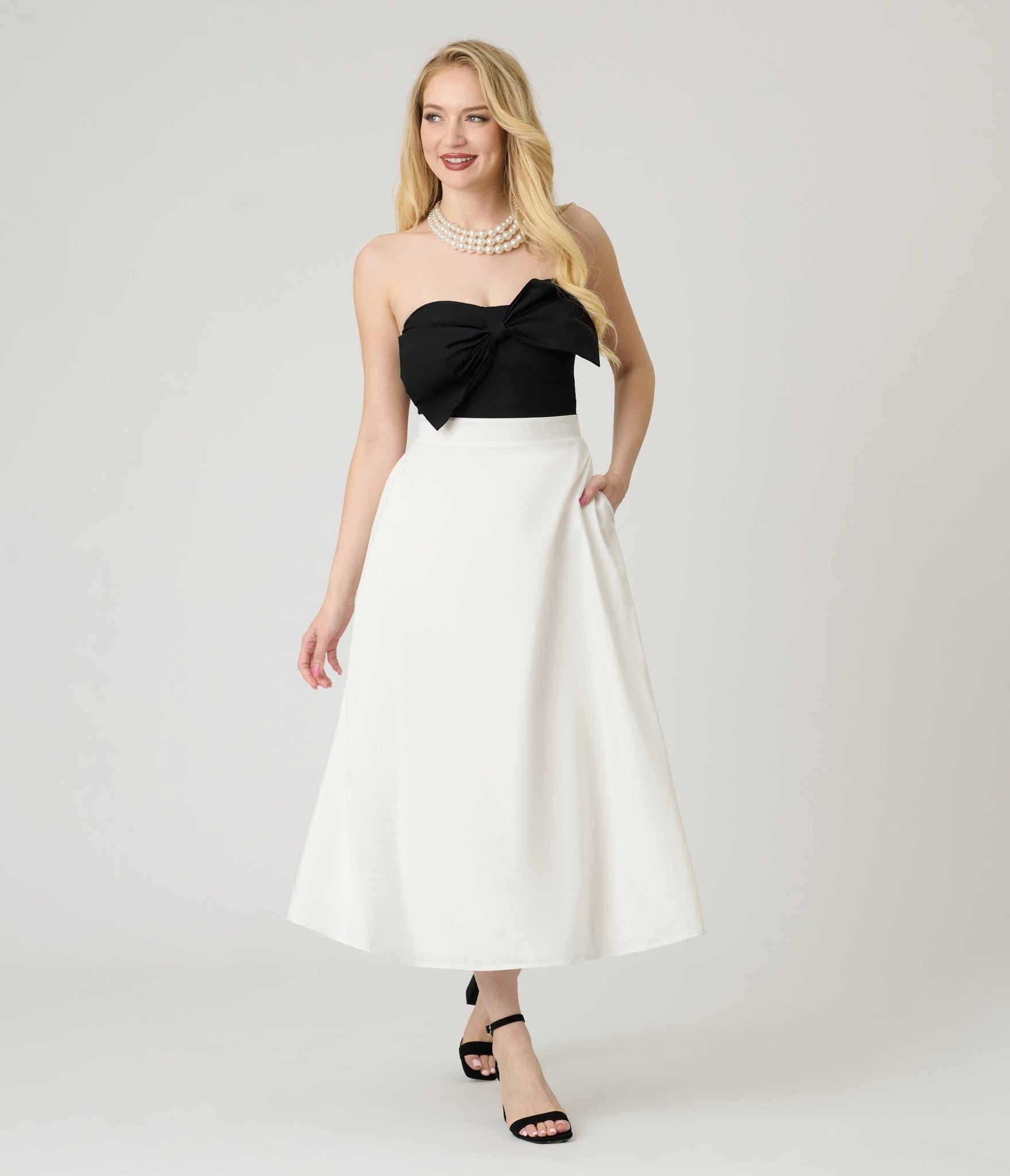 White & Black Bow Blissful Breeze Midi Dress - Unique Vintage - Womens, DRESSES, MIDI