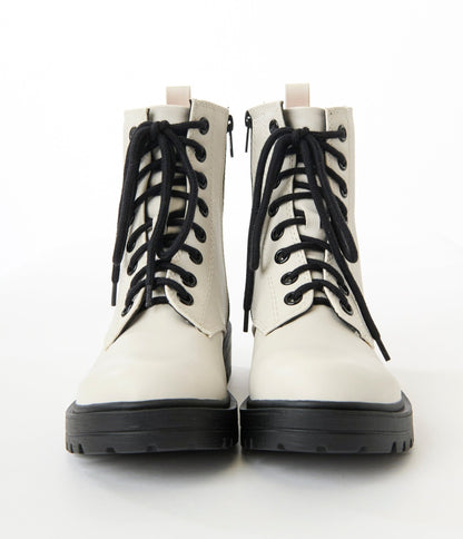 White & Black Leatherette Lace Up Boots - Unique Vintage - Womens, SHOES, BOOTS
