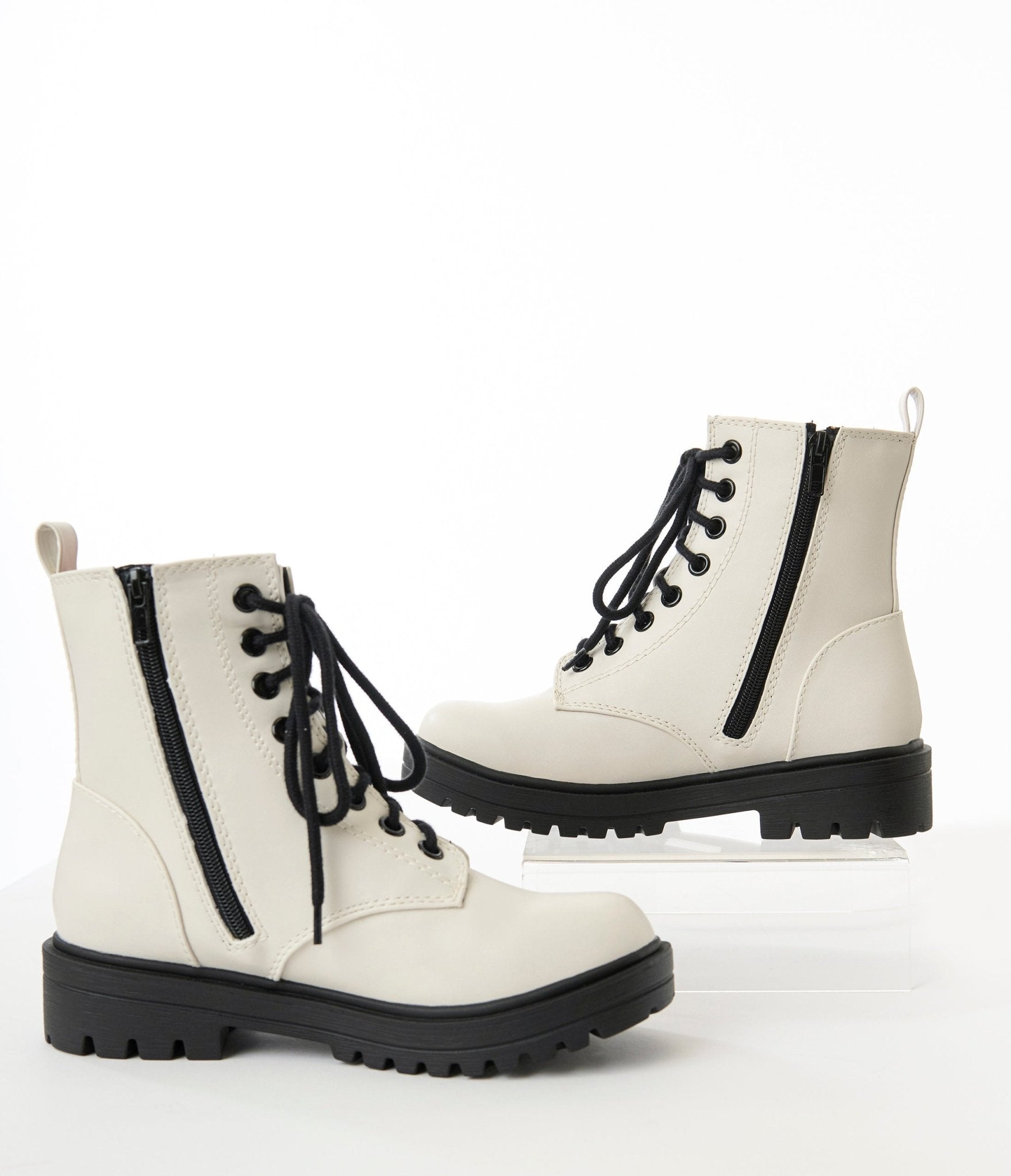 White & Black Leatherette Lace Up Boots - Unique Vintage - Womens, SHOES, BOOTS