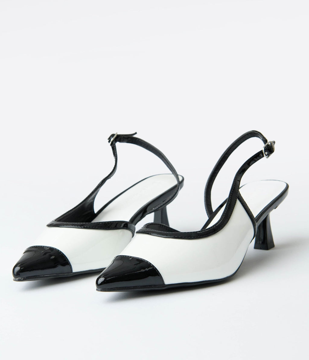 White & Black Patent Leatherette Kitten Heels - Unique Vintage - Womens, SHOES, HEELS