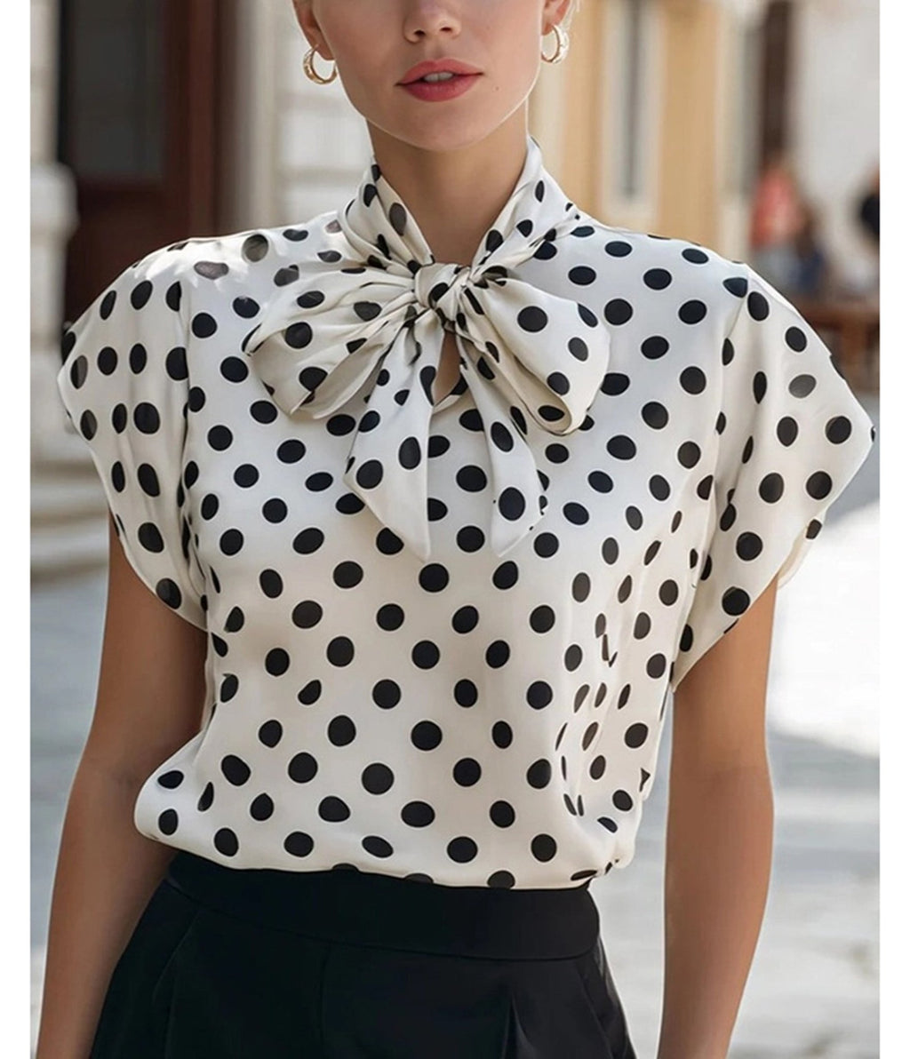 White & Black Polka Dot Woven Bow Blouse - Unique Vintage - Womens, TOPS, WOVEN TOPS