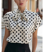 White & Black Polka Dot Woven Bow Blouse - Unique Vintage - Womens, TOPS, WOVEN TOPS