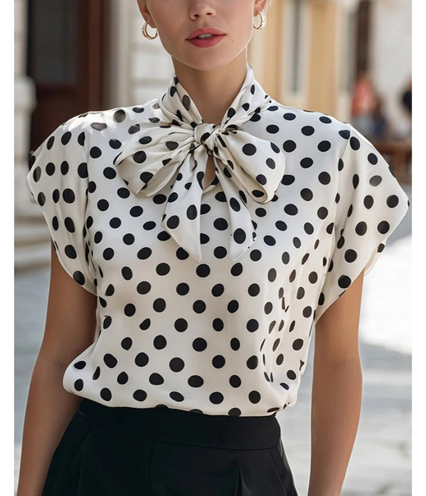 White & Black Polka Dot Woven Bow Blouse - Unique Vintage - Womens, TOPS, WOVEN TOPS