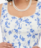 White & Blue Floral Cotton Midi Dress - Unique Vintage - Womens, DRESSES, MIDI