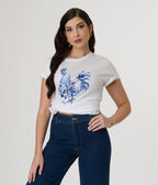 White & Blue Hen Floral Print Graphic Tee - Unique Vintage - Womens, TOPS, TEES