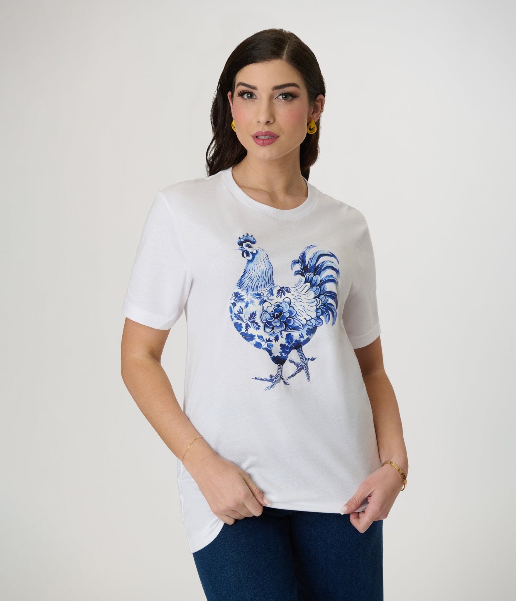 White & Blue Hen Floral Print Graphic Tee - Unique Vintage - Womens, TOPS, TEES