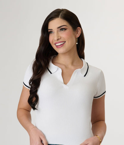 White Collared Polo Top - Unique Vintage - Womens, TOPS, SHIRTS