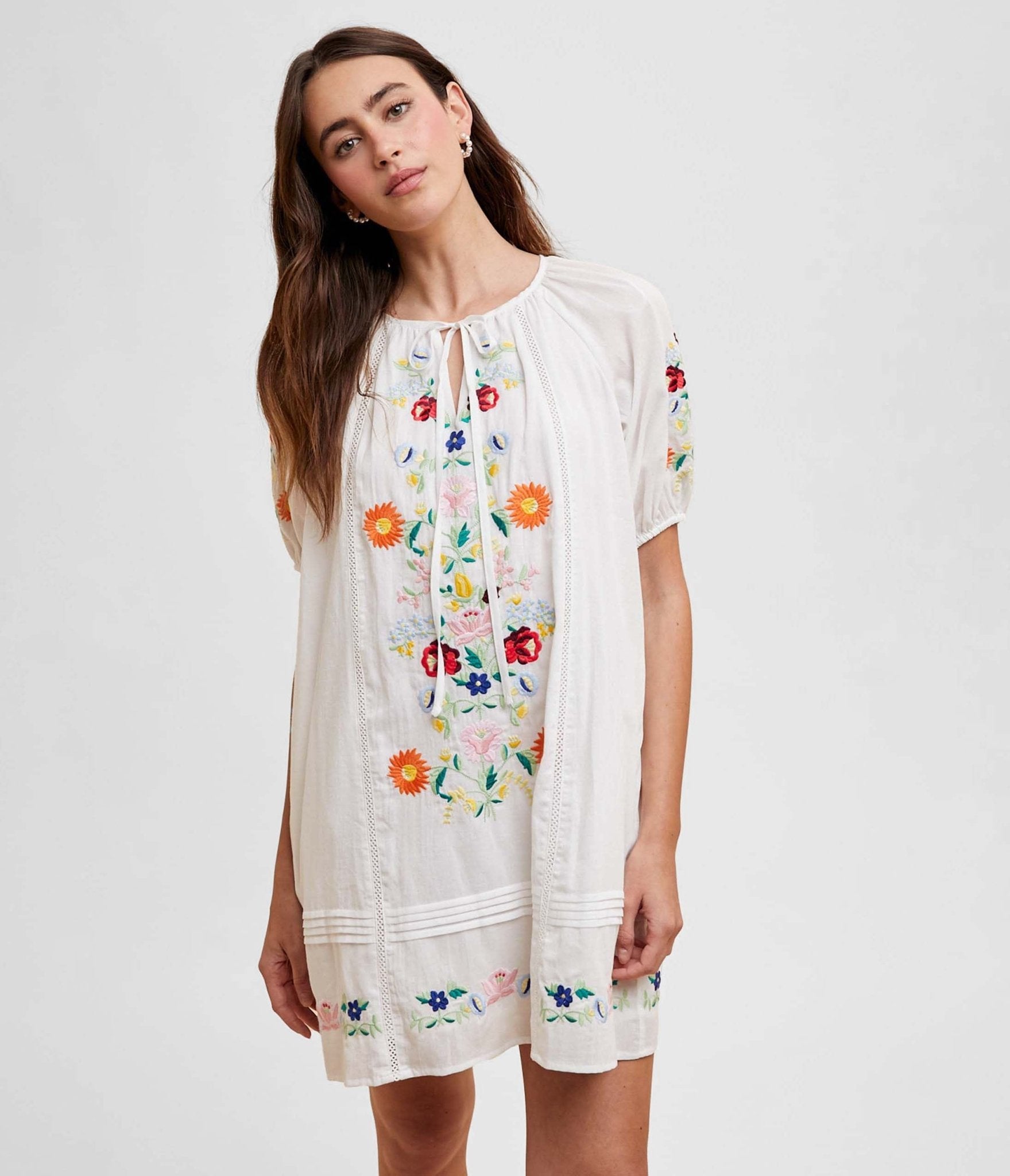 White Floral Bouquet Embroidered Cotton Mini Dress - Unique Vintage - Womens, DRESSES, BABYDOLL