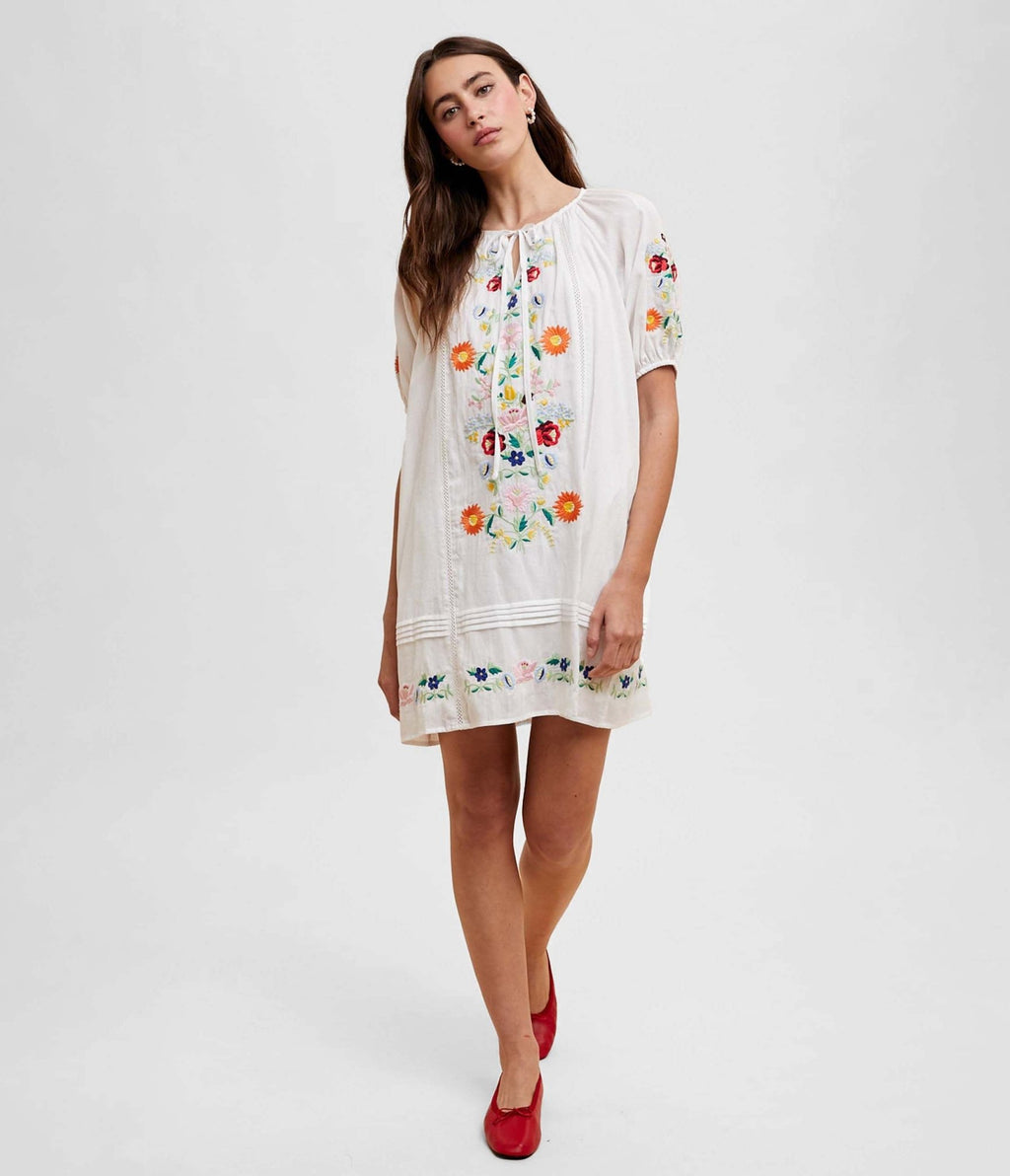 White Floral Bouquet Embroidered Cotton Mini Dress - Unique Vintage - Womens, DRESSES, BABYDOLL