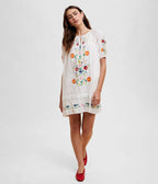 White Floral Bouquet Embroidered Cotton Mini Dress - Unique Vintage - Womens, DRESSES, BABYDOLL
