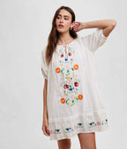 White Floral Bouquet Embroidered Cotton Mini Dress - Unique Vintage - Womens, DRESSES, BABYDOLL
