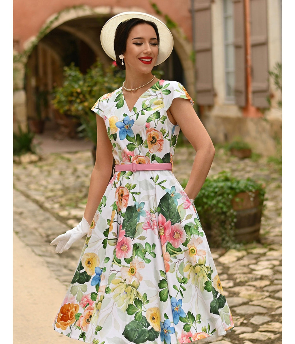 White Floral Lottie Swing Dress - Unique Vintage - Womens, DRESSES, SWING