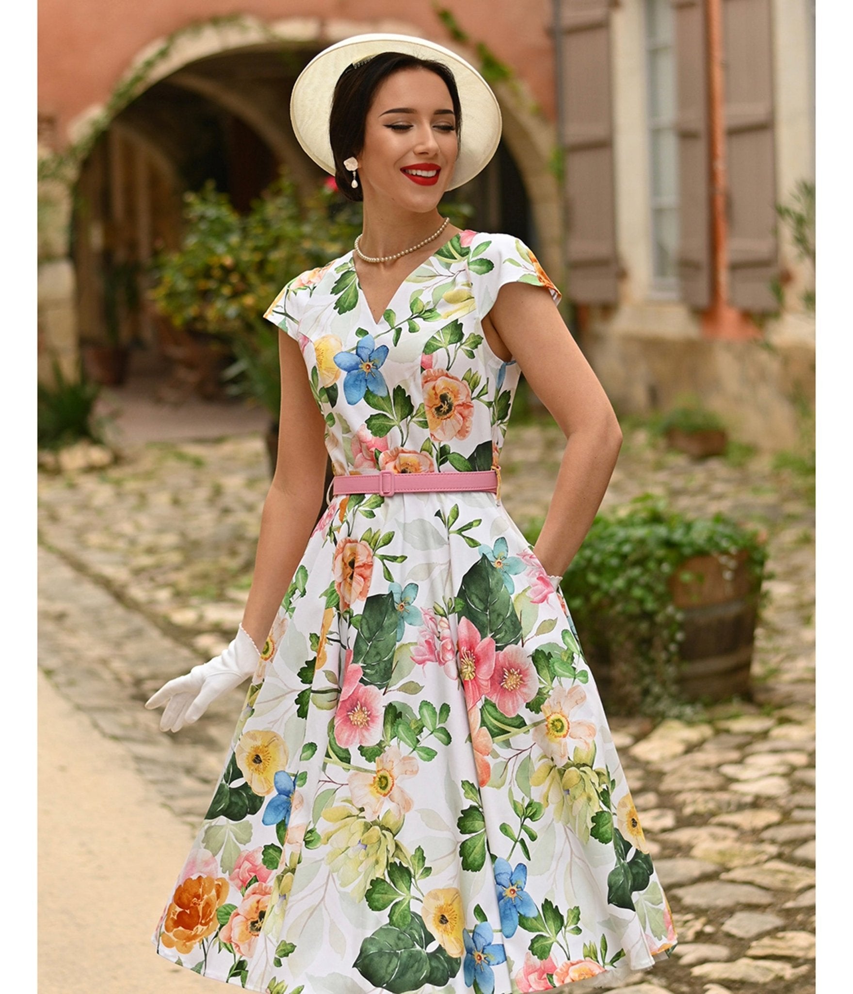 White Floral Lottie Swing Dress - Unique Vintage - Womens, DRESSES, SWING