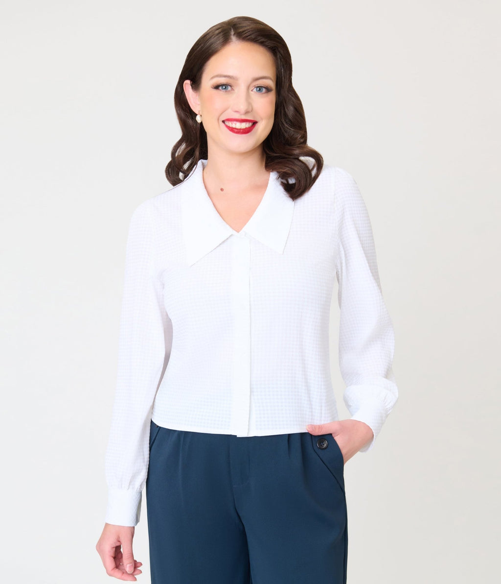 White Gingham 1940s Collared Blouse - Unique Vintage - Womens, TOPS, SHIRTS